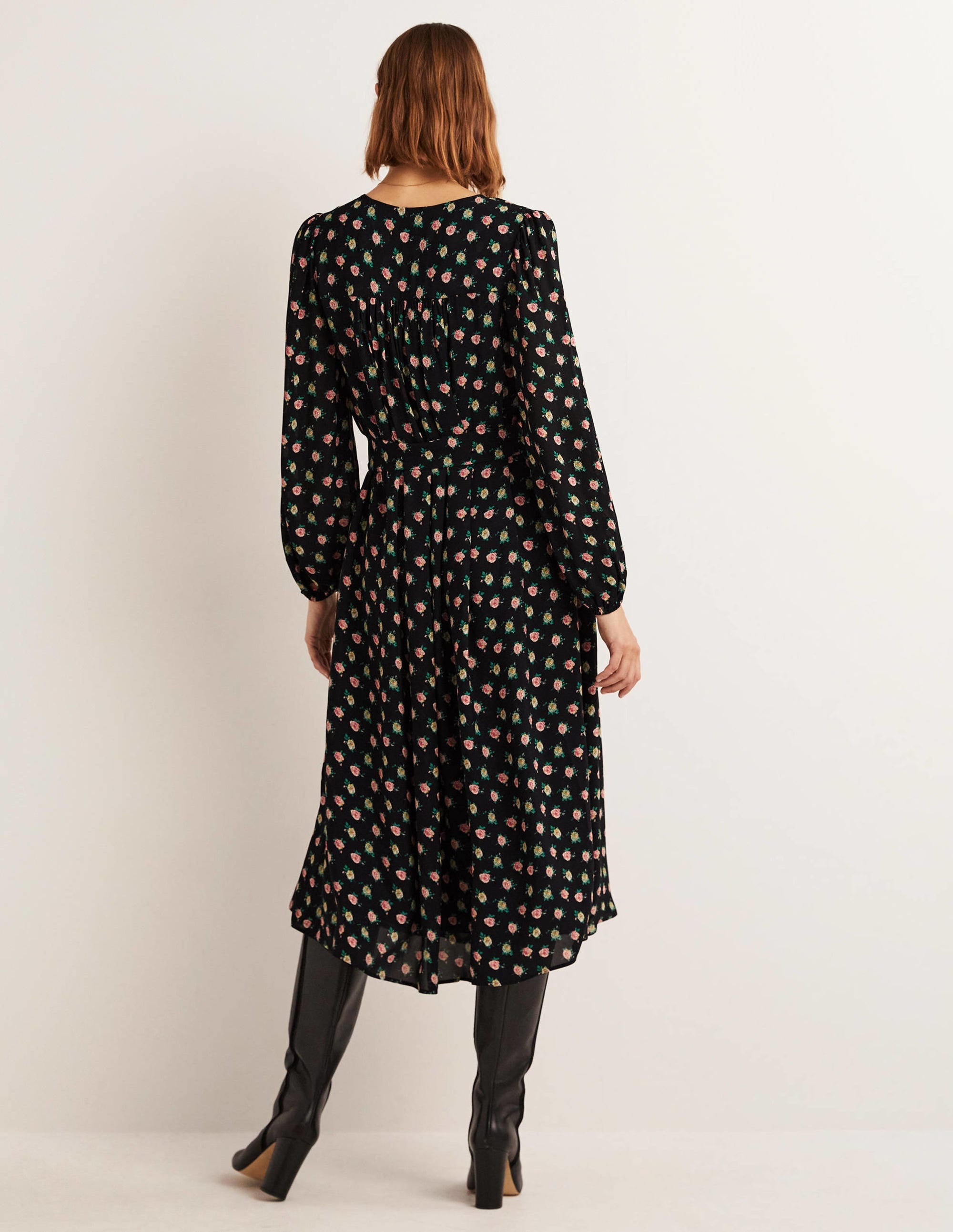 Gathered Yoke Midi Dress-Black, Painterly Rose - Image 3