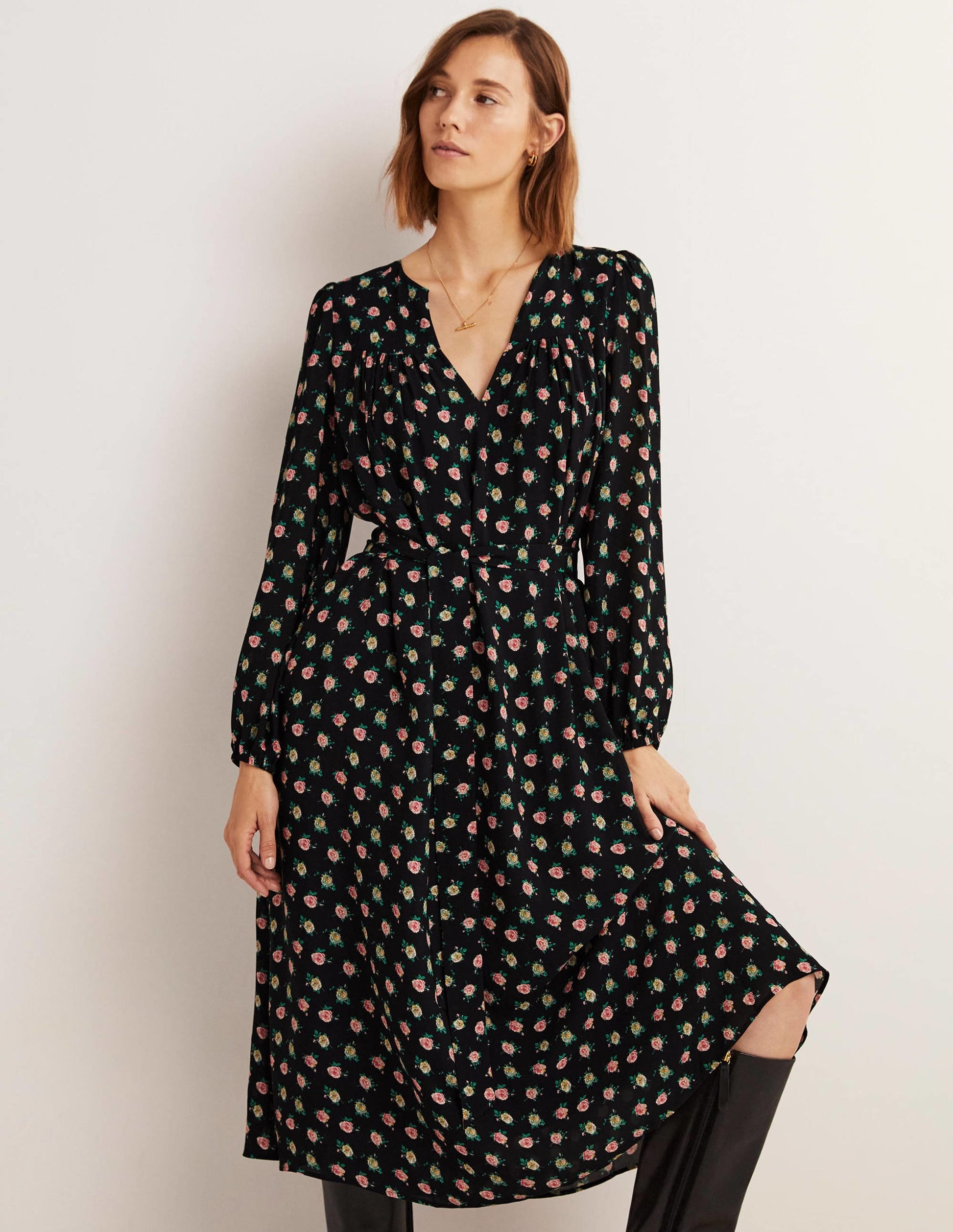 Gathered Yoke Midi Dress-Black, Painterly Rose-4