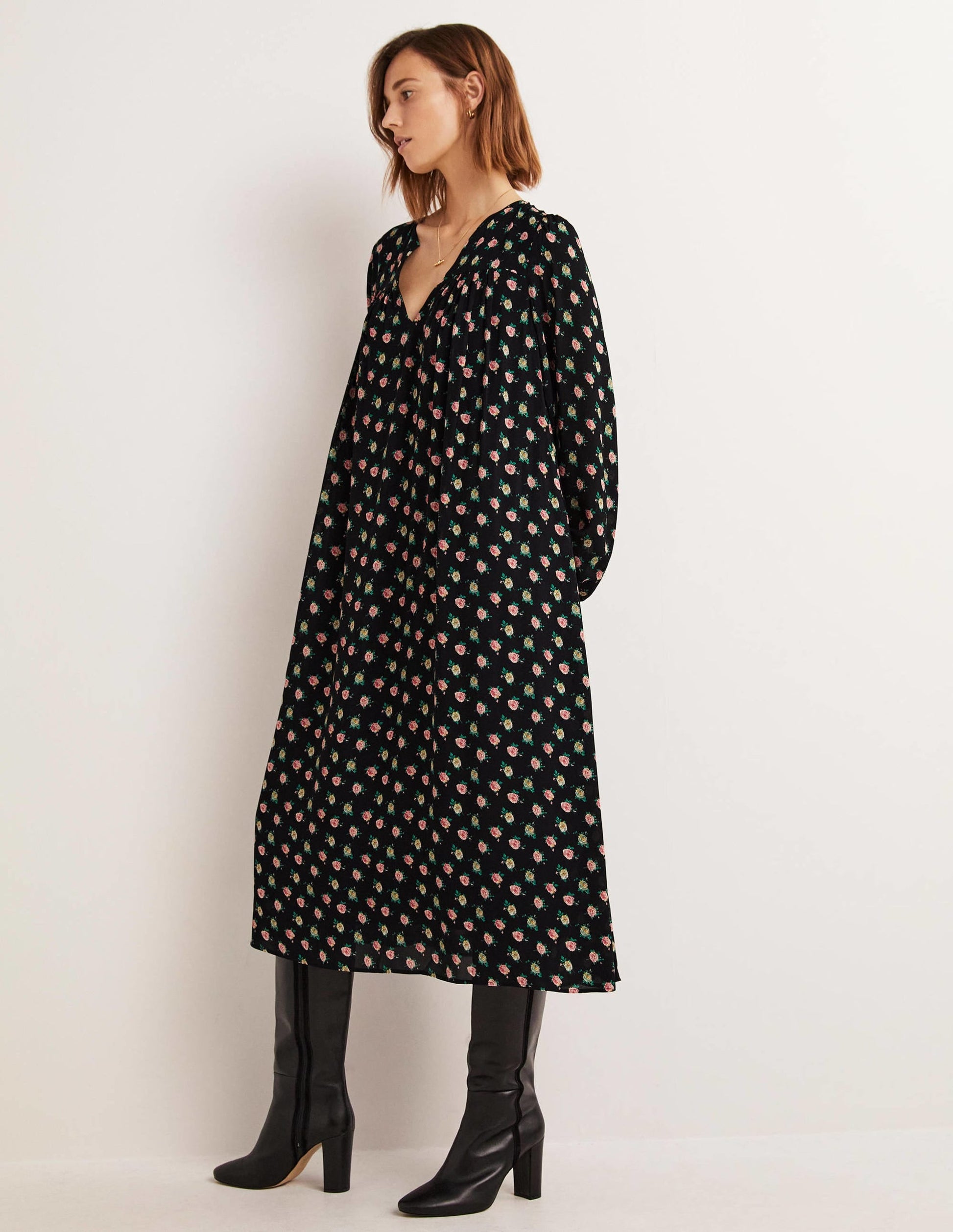 Gathered Yoke Midi Dress-Black, Painterly Rose-5
