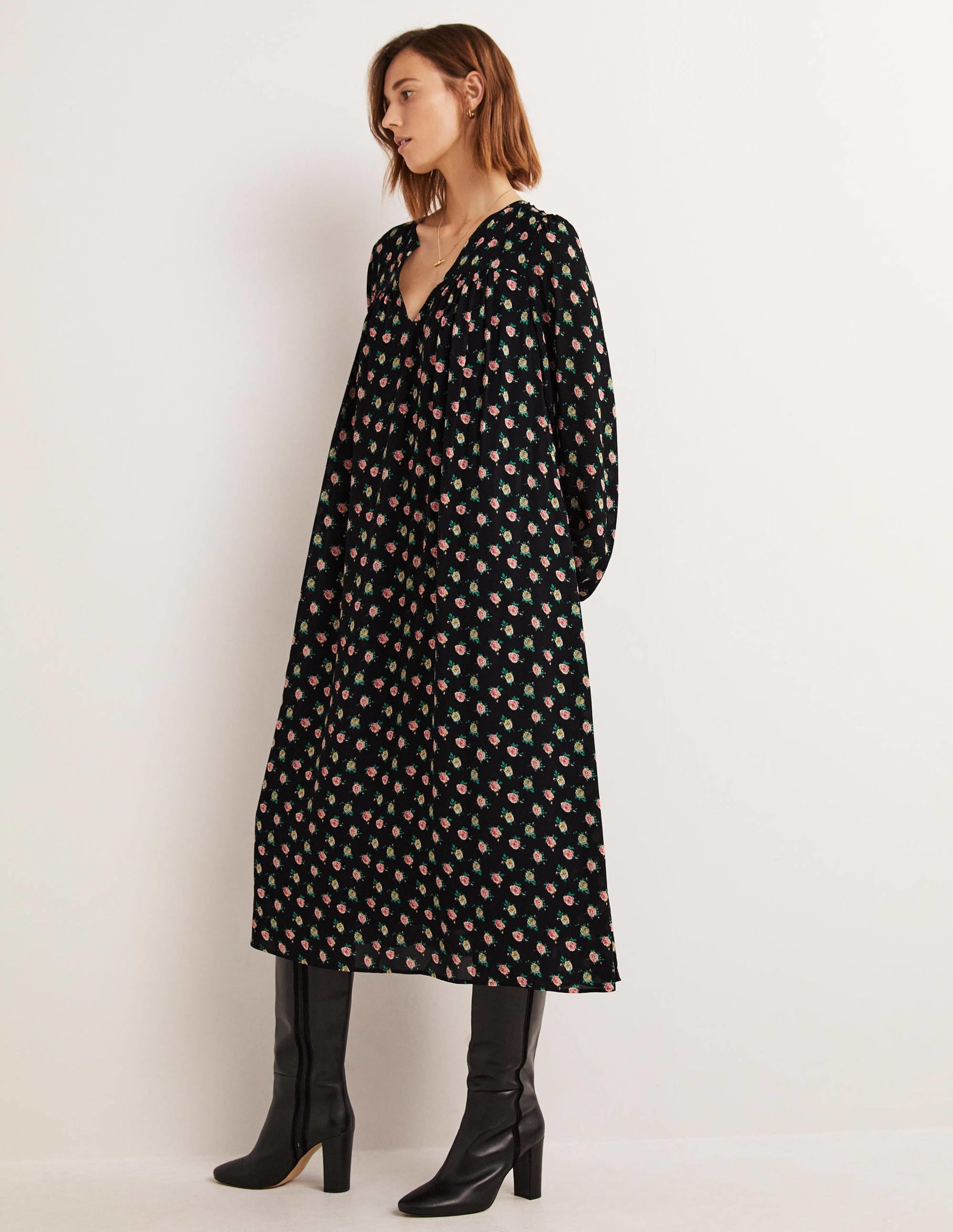 Gathered Yoke Midi Dress-Black, Painterly Rose - Image 5