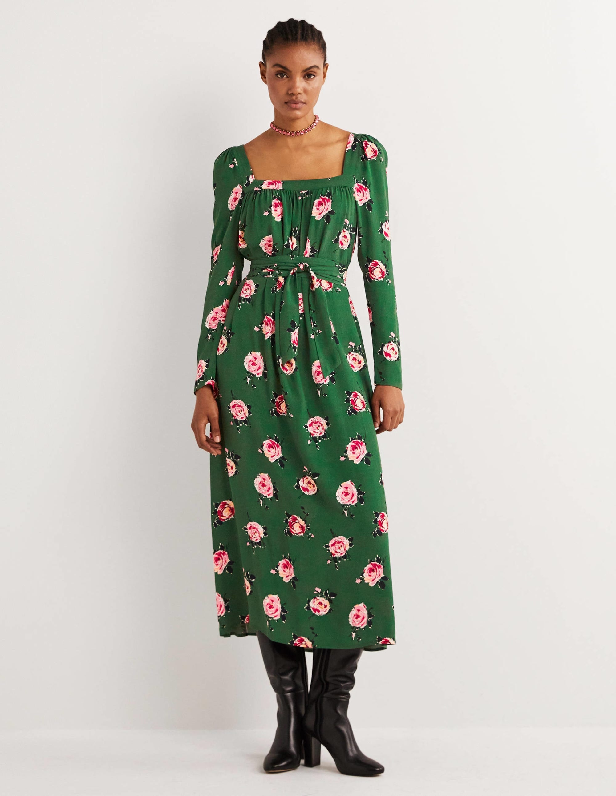 Square Neck Maxi Dress-Hunter Green, Painterly Rose - Image 1