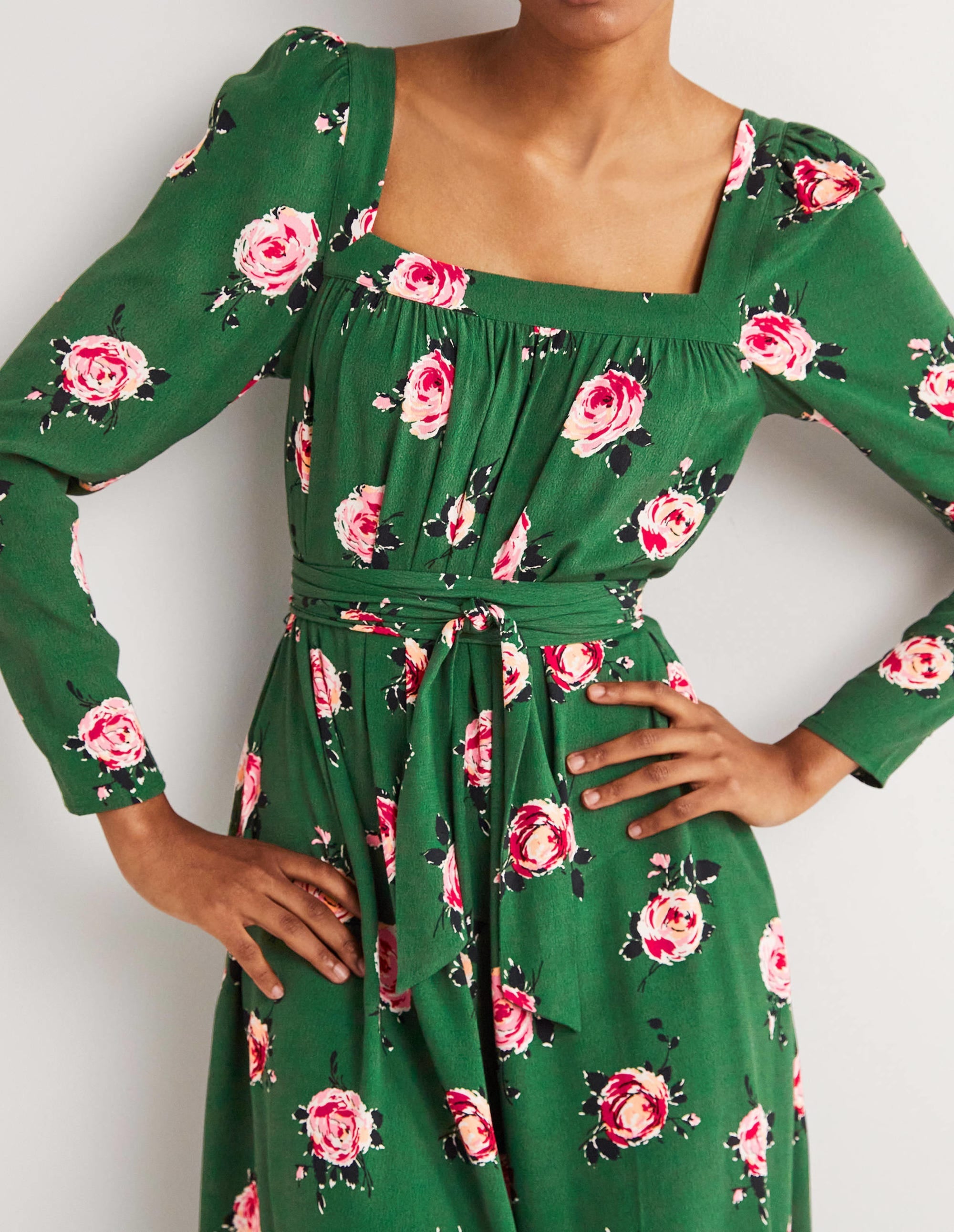 Square Neck Maxi Dress-Hunter Green, Painterly Rose - Image 2