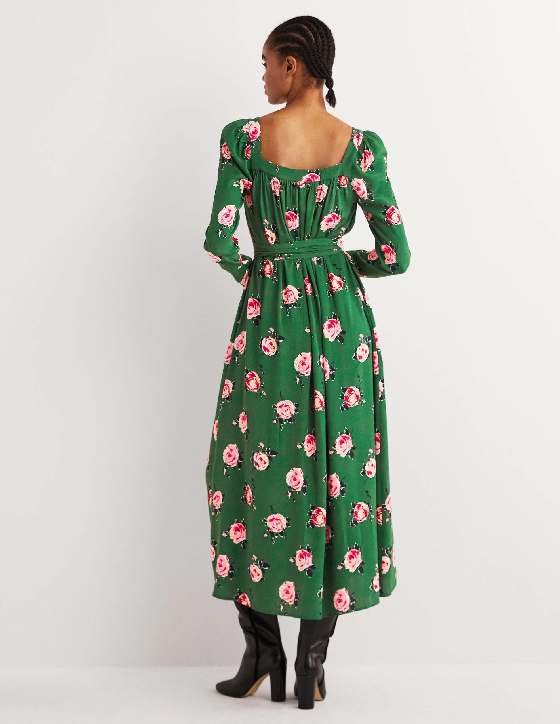Square Neck Maxi Dress-Hunter Green, Painterly Rose-3