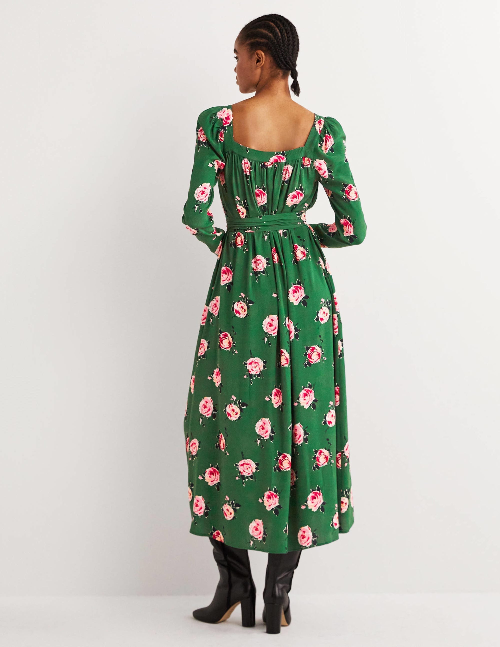 Square Neck Maxi Dress-Hunter Green, Painterly Rose - Image 3
