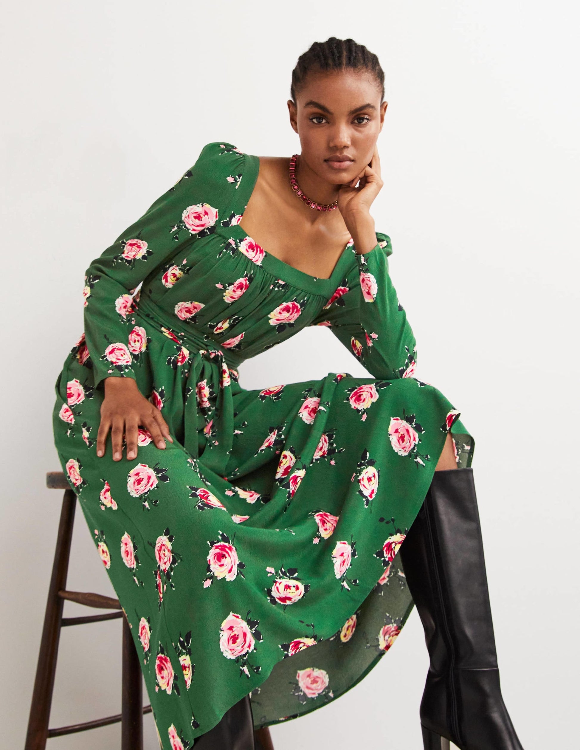 Square Neck Maxi Dress-Hunter Green, Painterly Rose-4