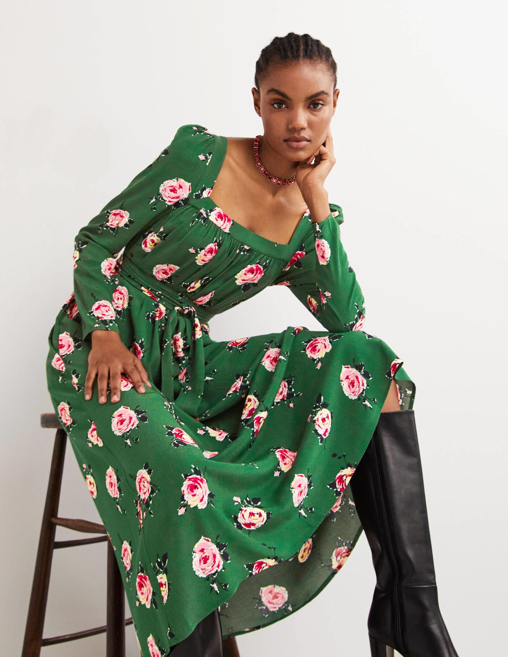 Square Neck Maxi Dress-Hunter Green, Painterly Rose - Image 4