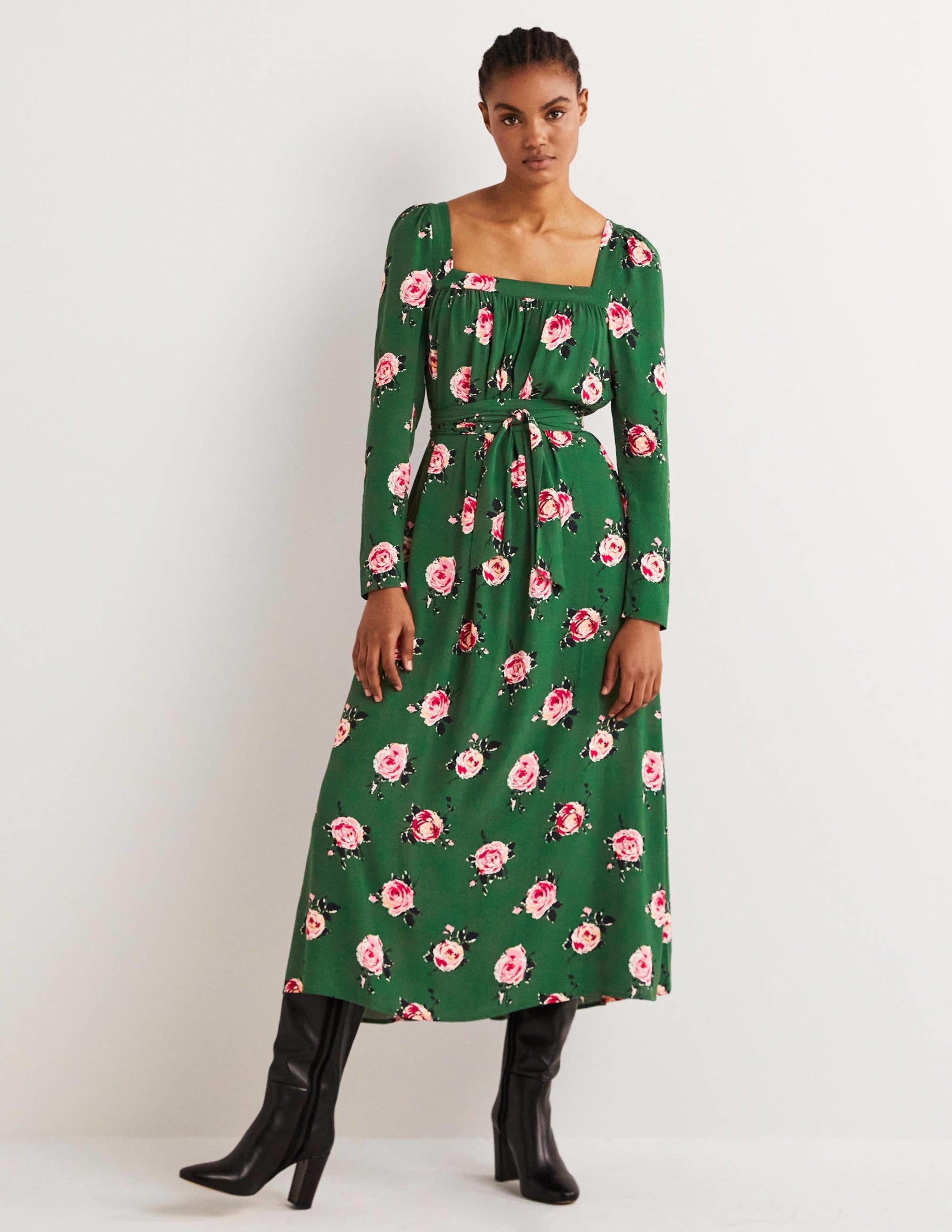 Square Neck Maxi Dress-Hunter Green, Painterly Rose-5