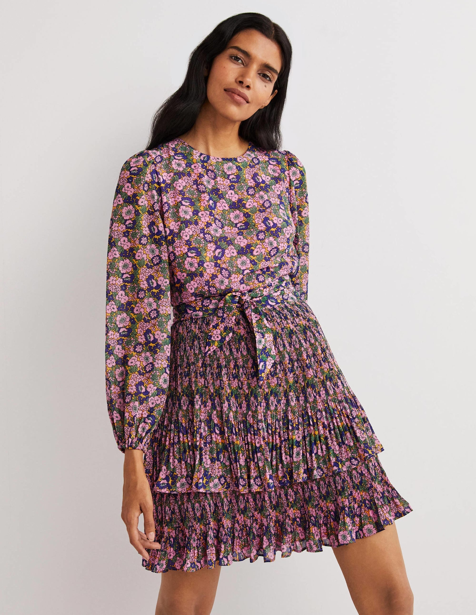 The Plisse Mini Dress-Cherry Blossom, Floral Lawn - Image 1