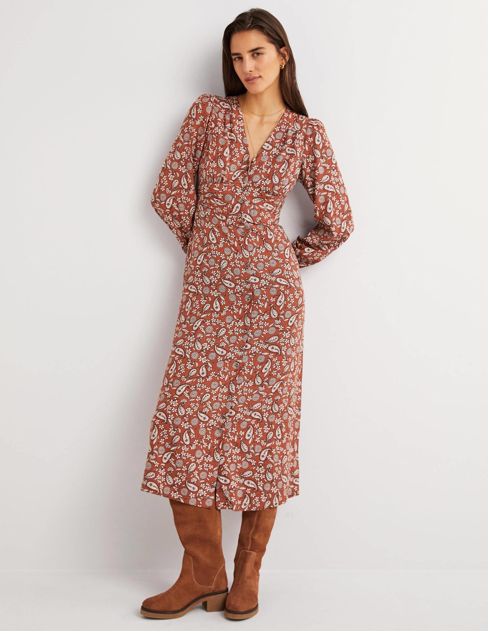 Button Through Midi Tea Dress-Chili Oil, Flower Garden - Image 1