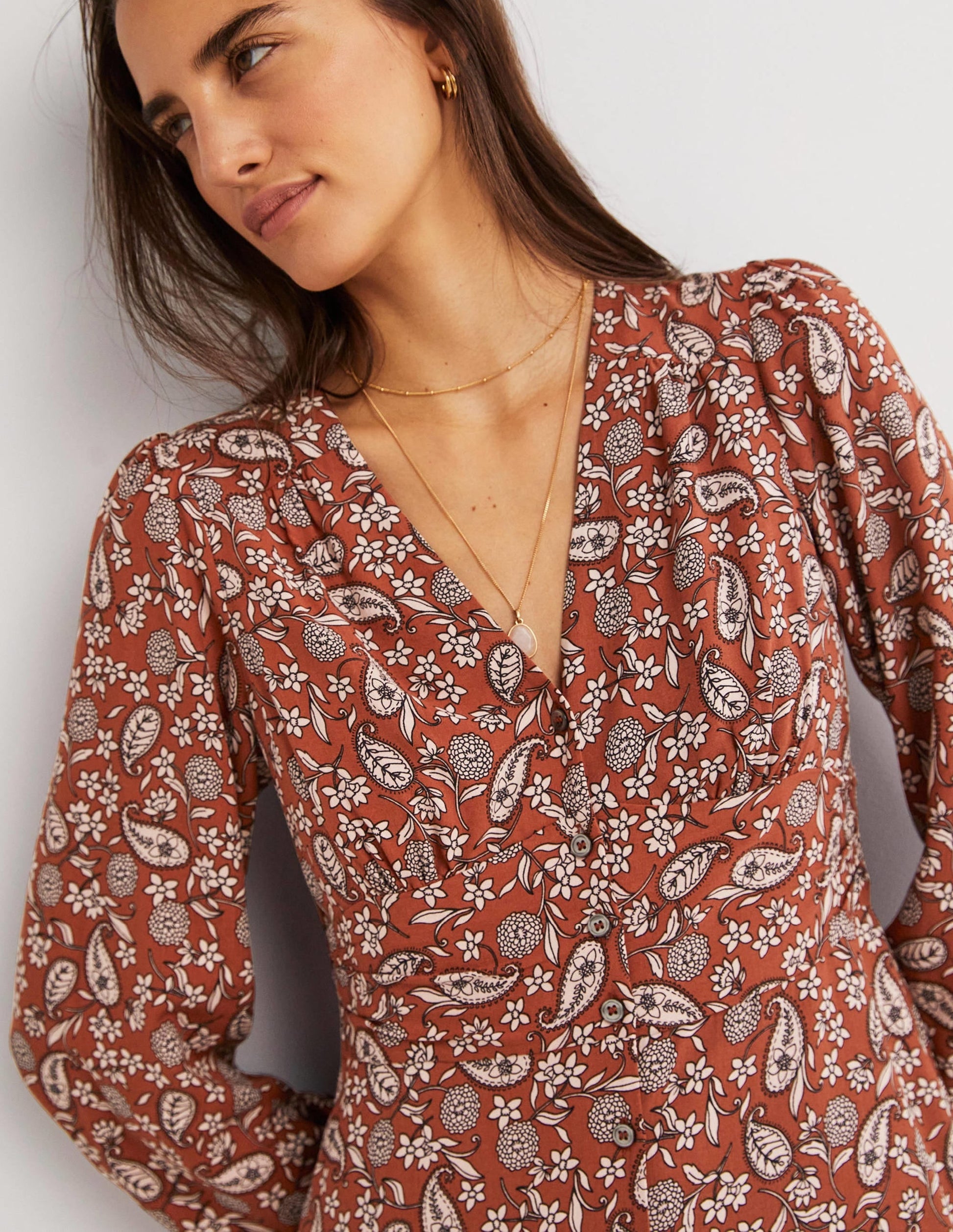 Button Through Midi Tea Dress-Chili Oil, Flower Garden-2