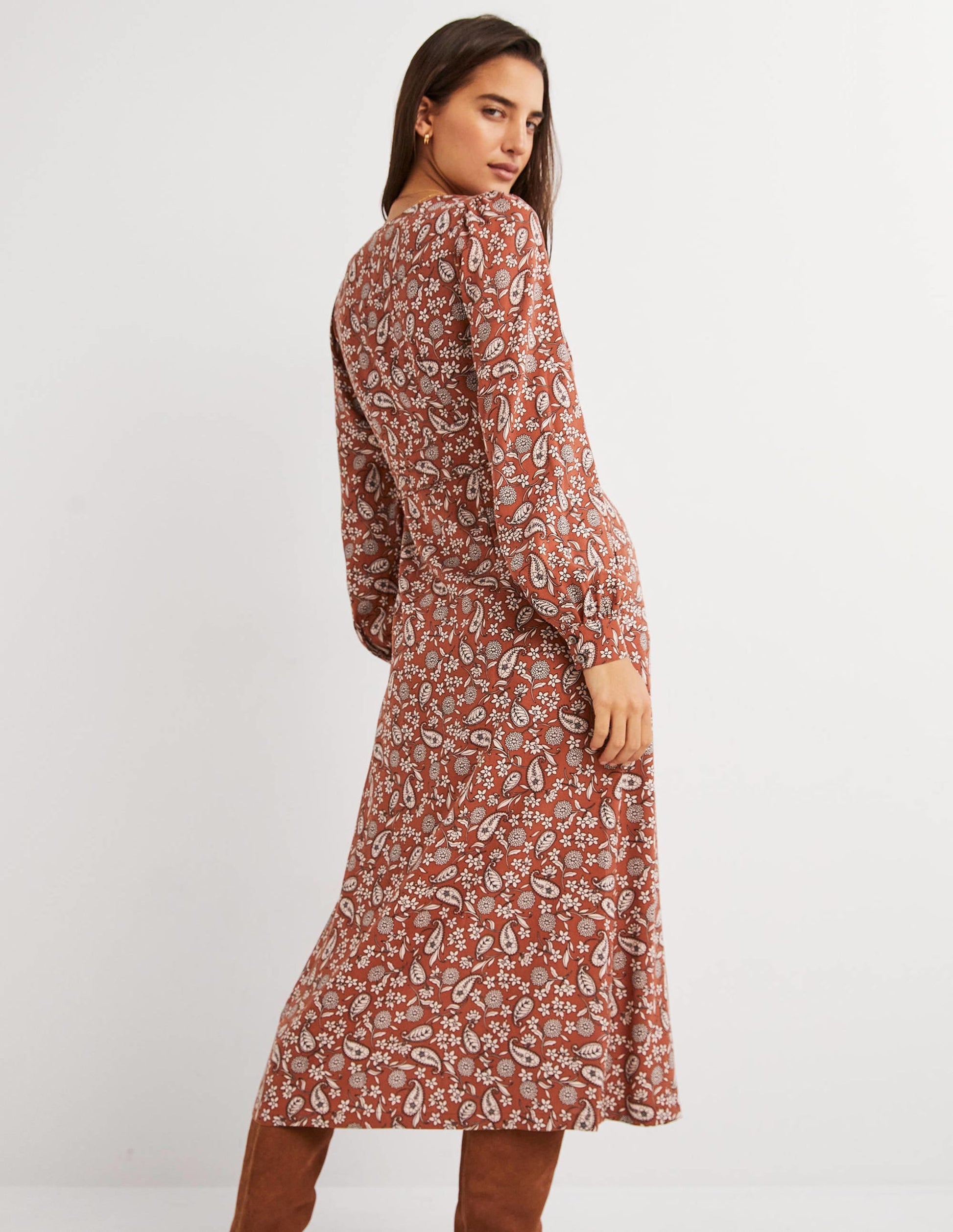 Button Through Midi Tea Dress-Chili Oil, Flower Garden-3