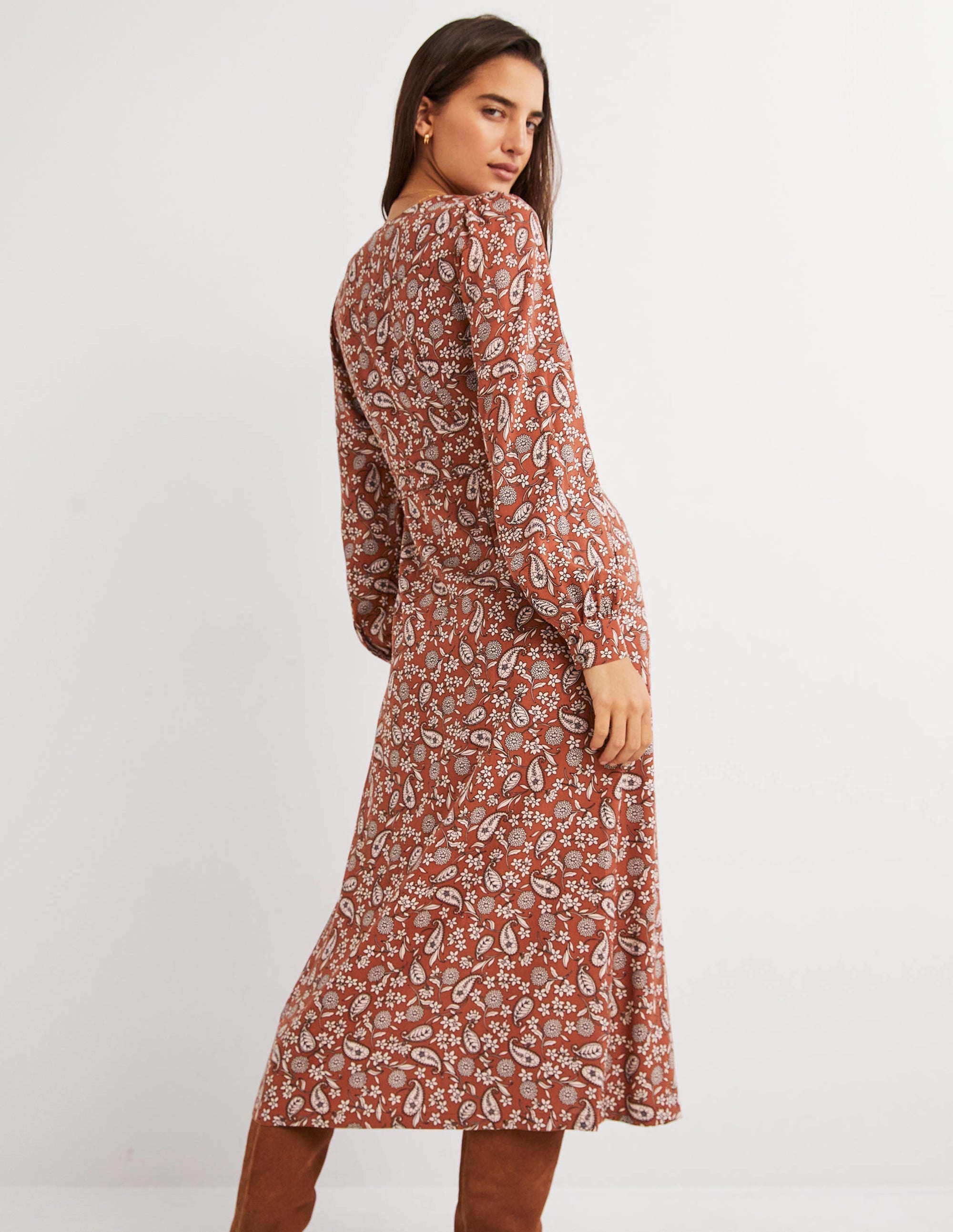 Button Through Midi Tea Dress-Chili Oil, Flower Garden - Image 3