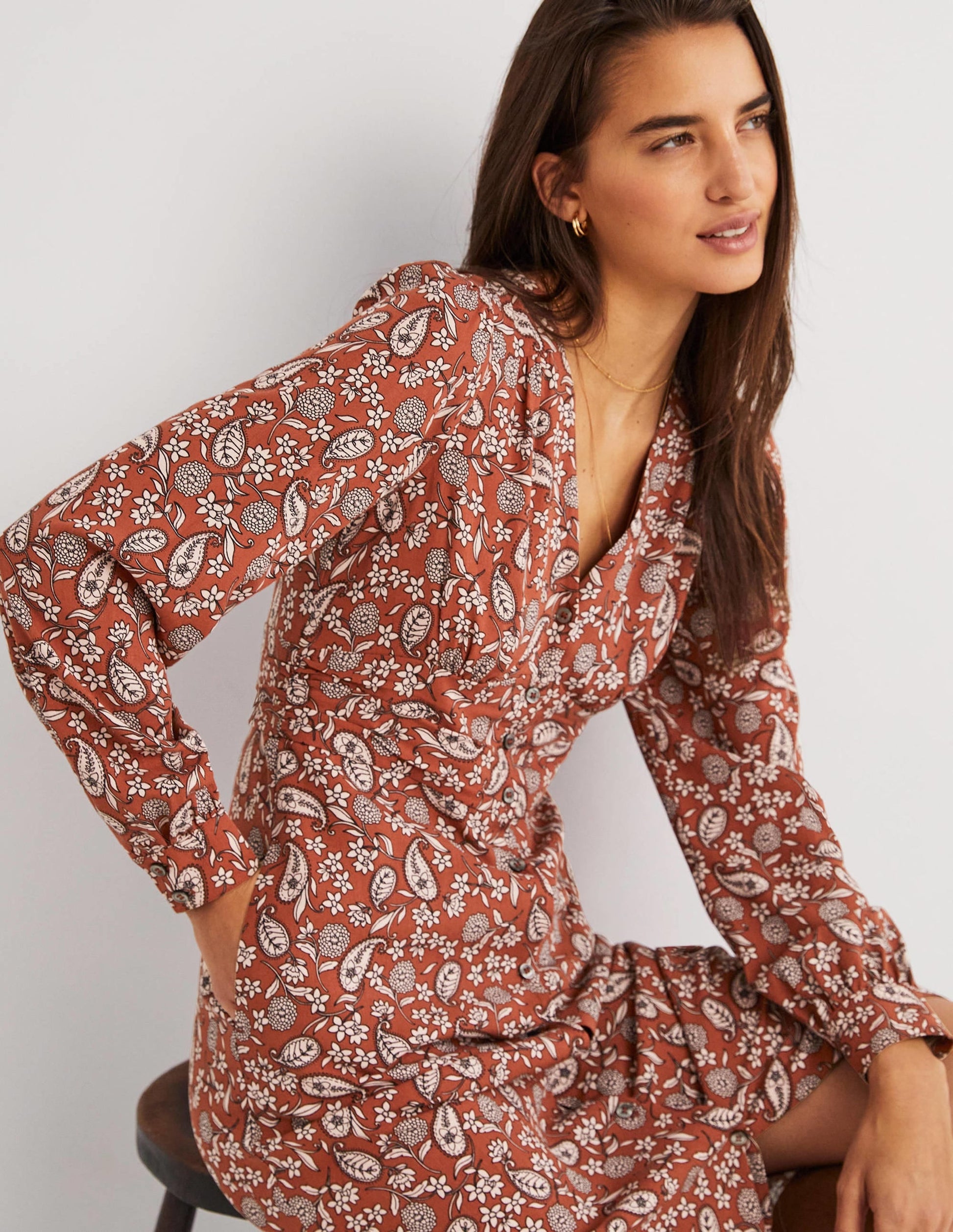 Button Through Midi Tea Dress-Chili Oil, Flower Garden-4