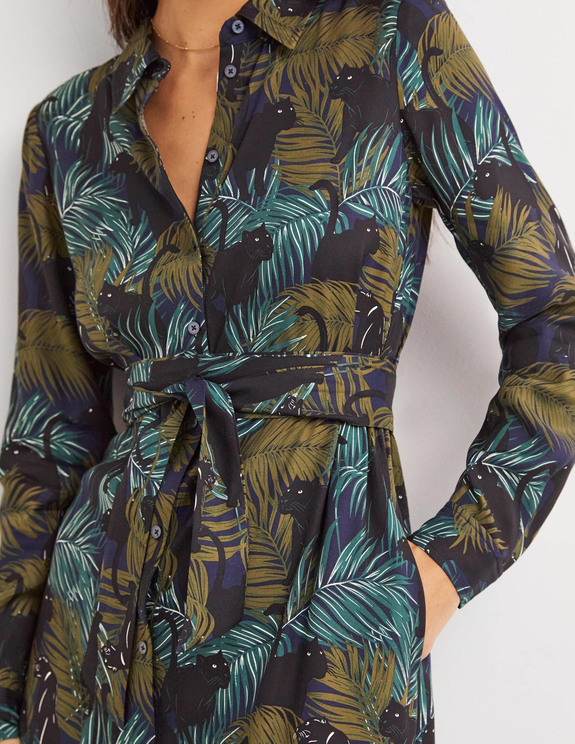 Long Sleeve Midi Shirt Dress-Navy, Tropic Panther - Image 2