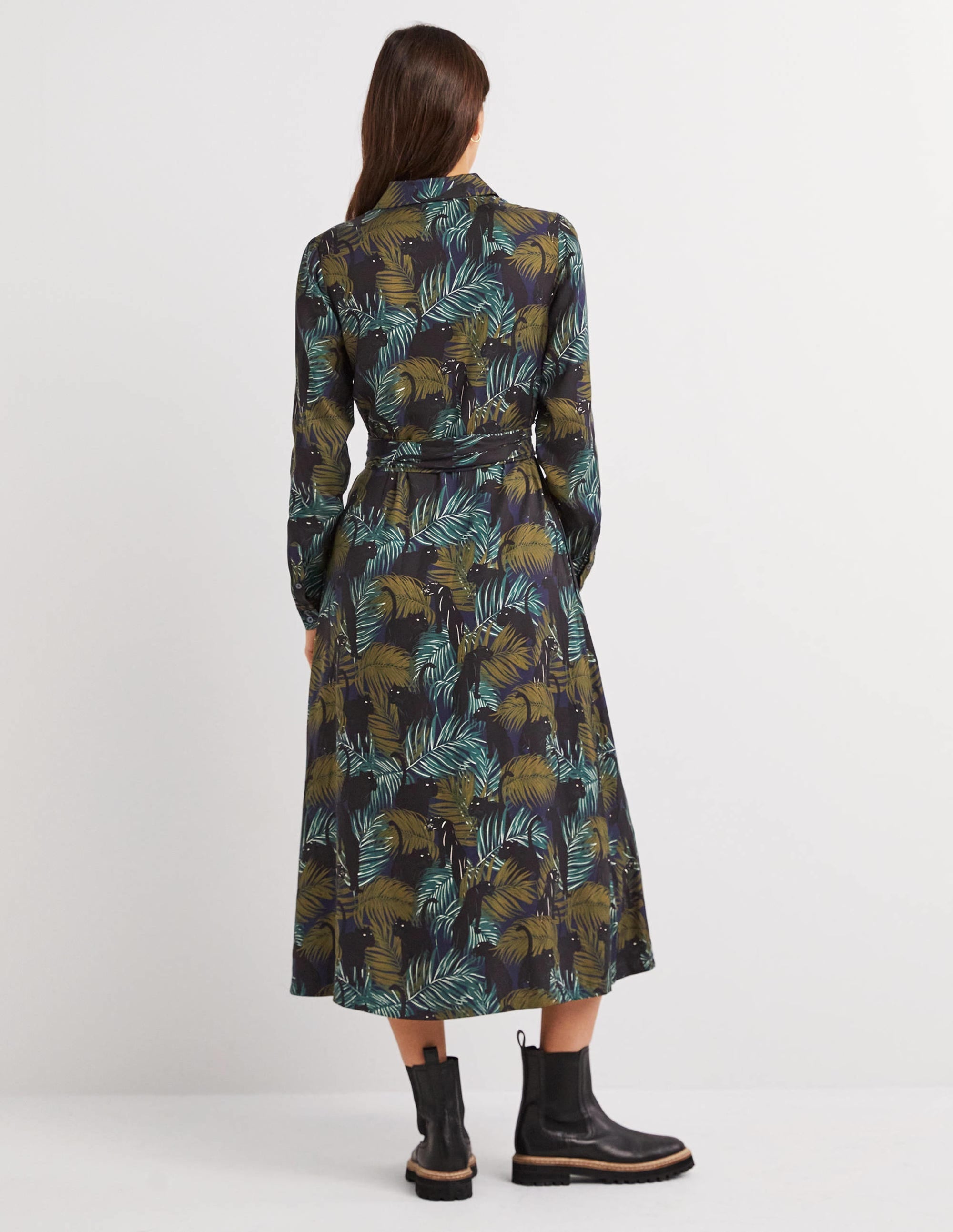 Long Sleeve Midi Shirt Dress-Navy, Tropic Panther - Image 3