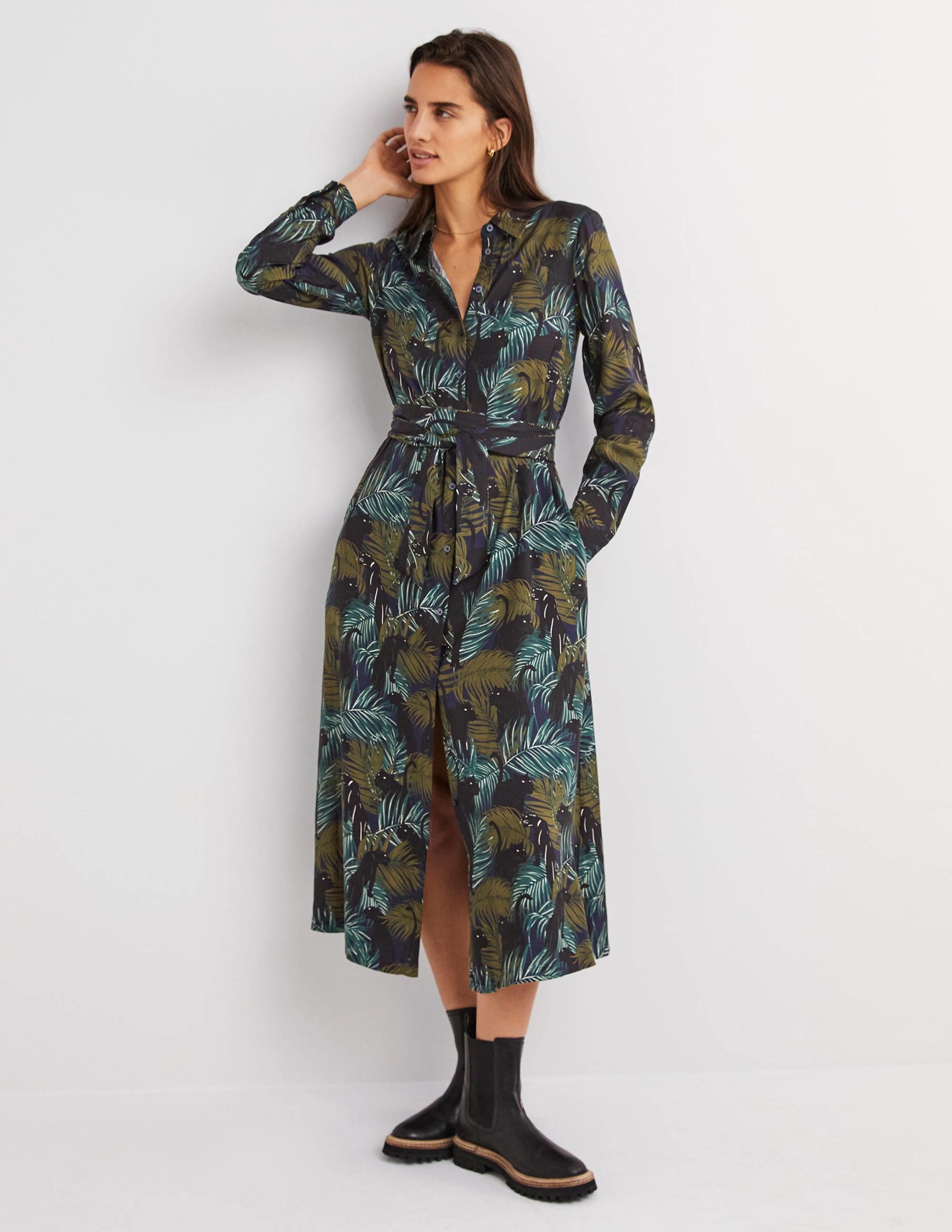 Long Sleeve Midi Shirt Dress-Navy, Tropic Panther - Image 4