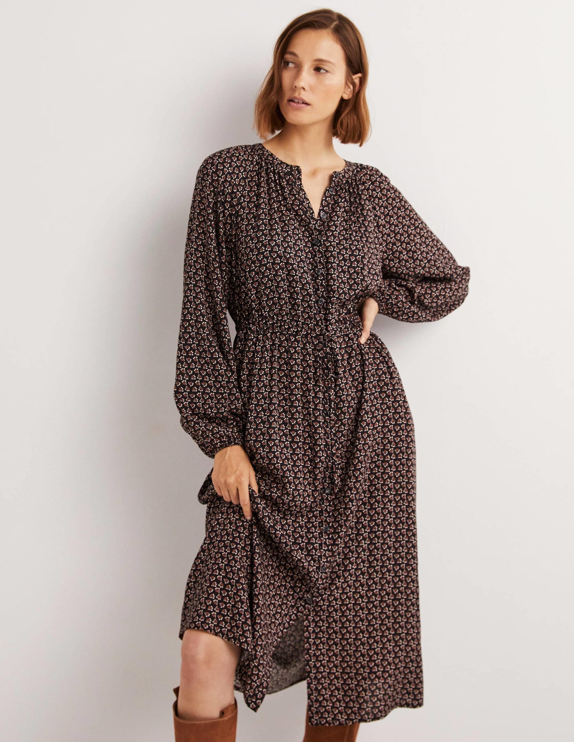 Tie Waist Detail Midi Dress-Black, Diamond Bud-1