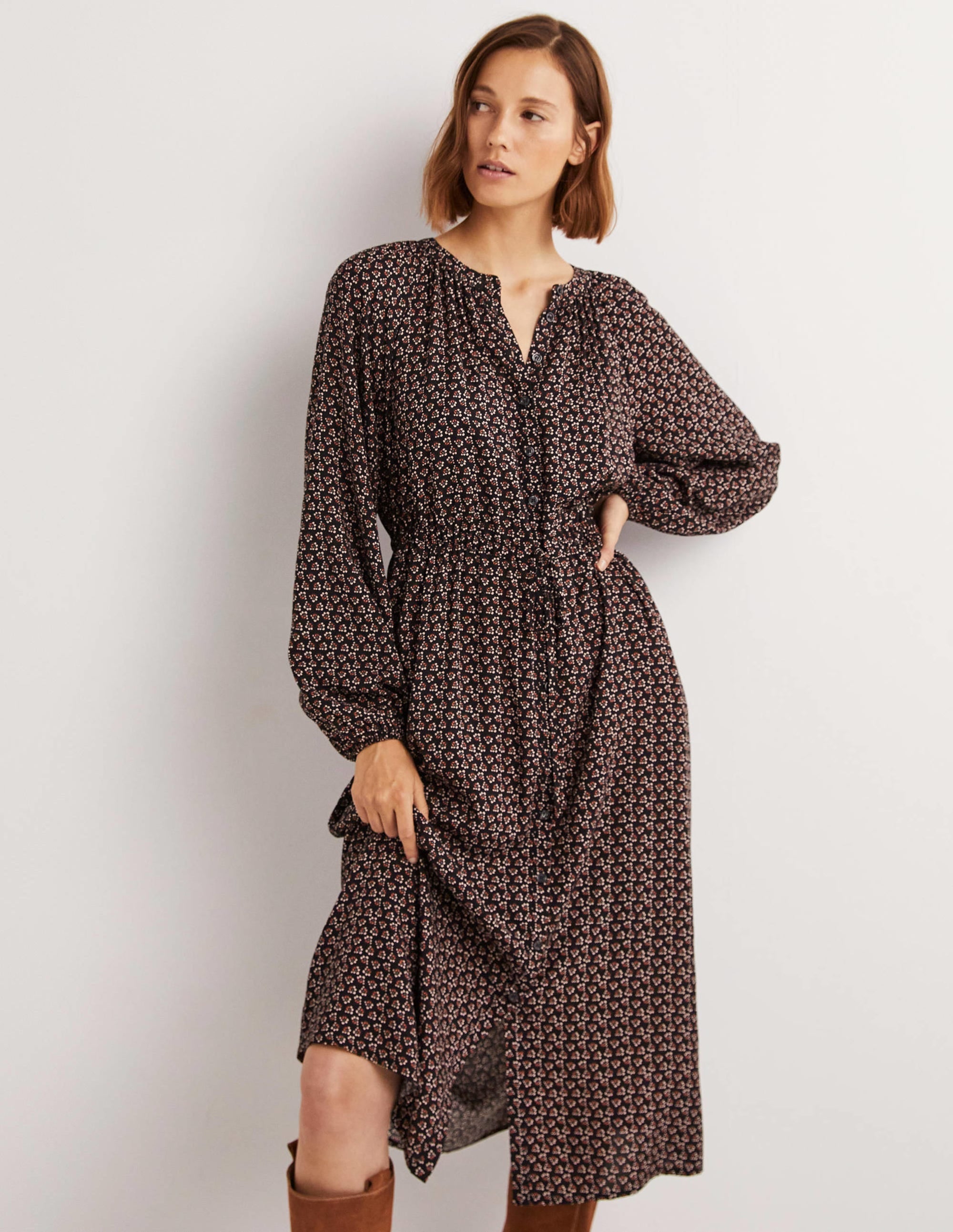 Tie Waist Detail Midi Dress-Black, Diamond Bud - Image 1