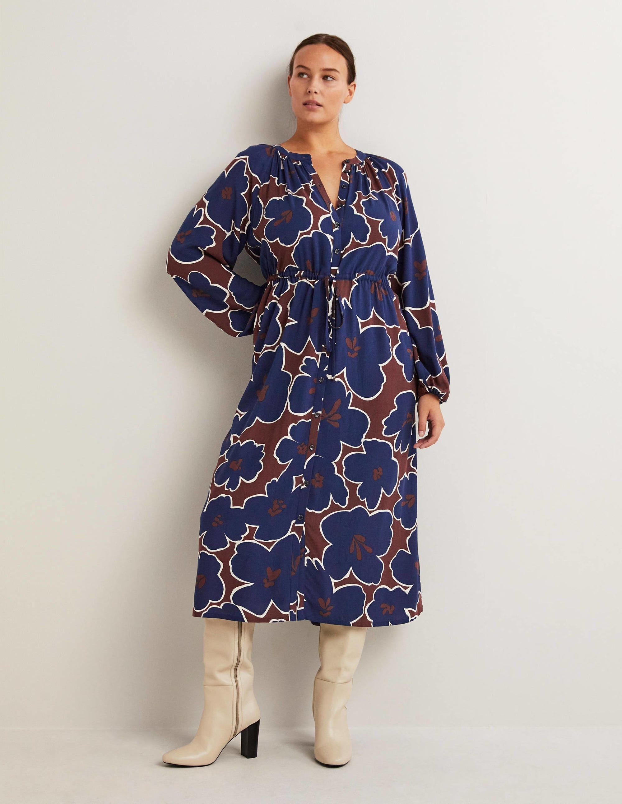 Tie Waist Detail Midi Dress-Navy, Bloom Pome - Image 1