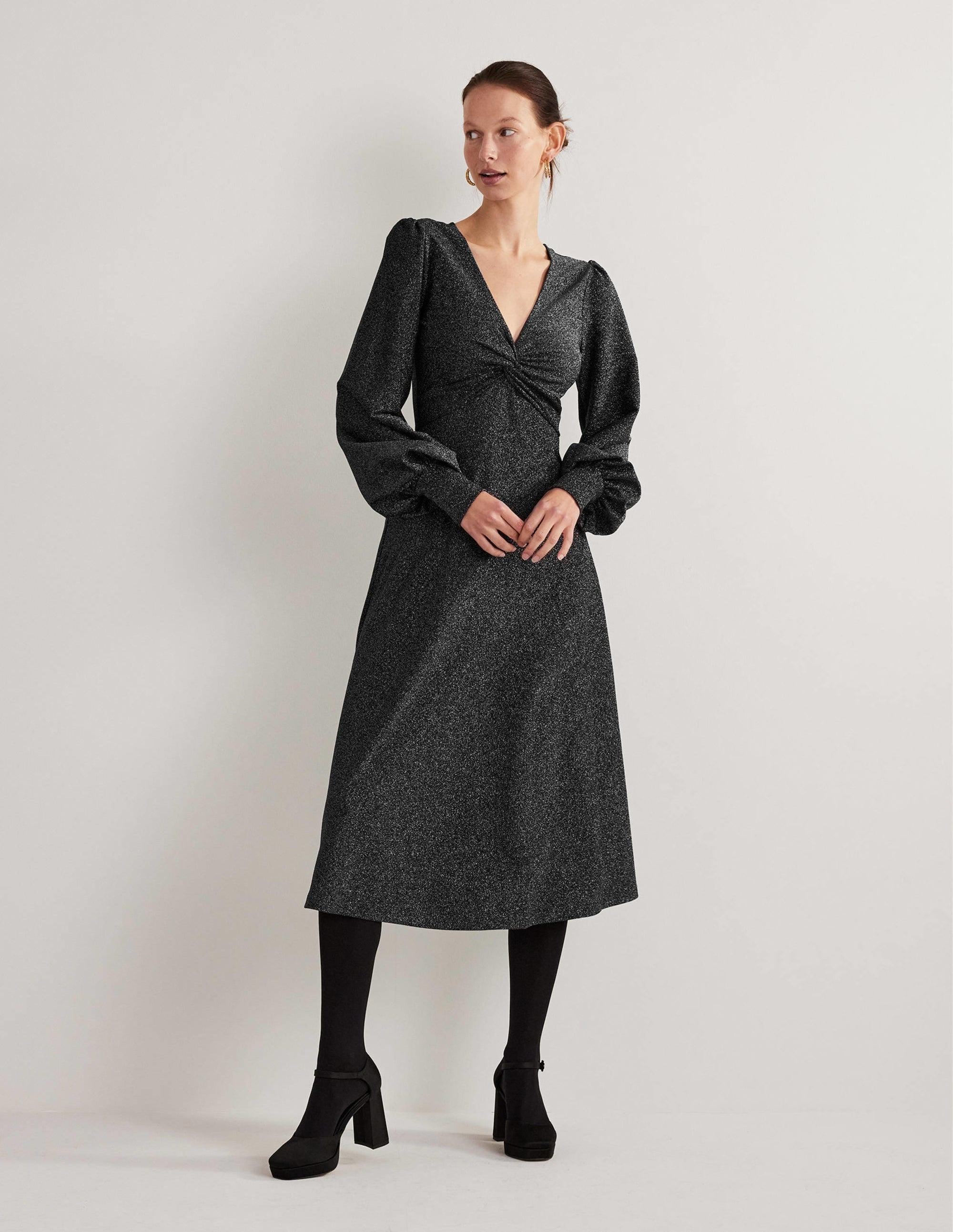 Black Sparkle Metallic Jersey Midi Dress-Black Sparkle - Image 1