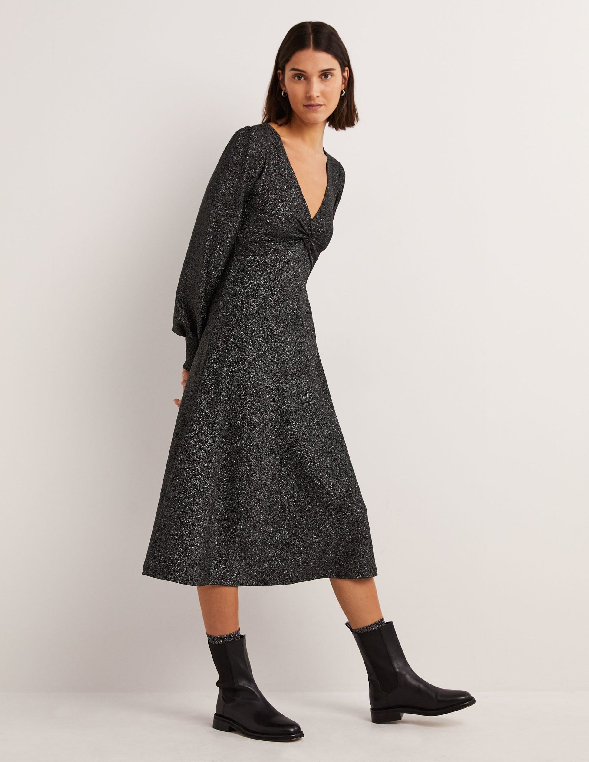 Black Sparkle Metallic Jersey Midi Dress-Black Sparkle-6