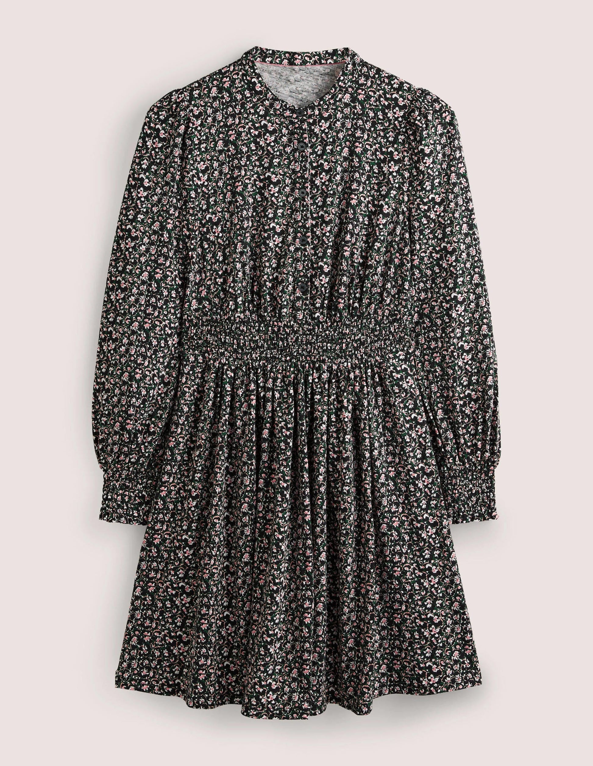 Smocked Jersey Shirt Dress-Hunter Green, Abstract Bud-6