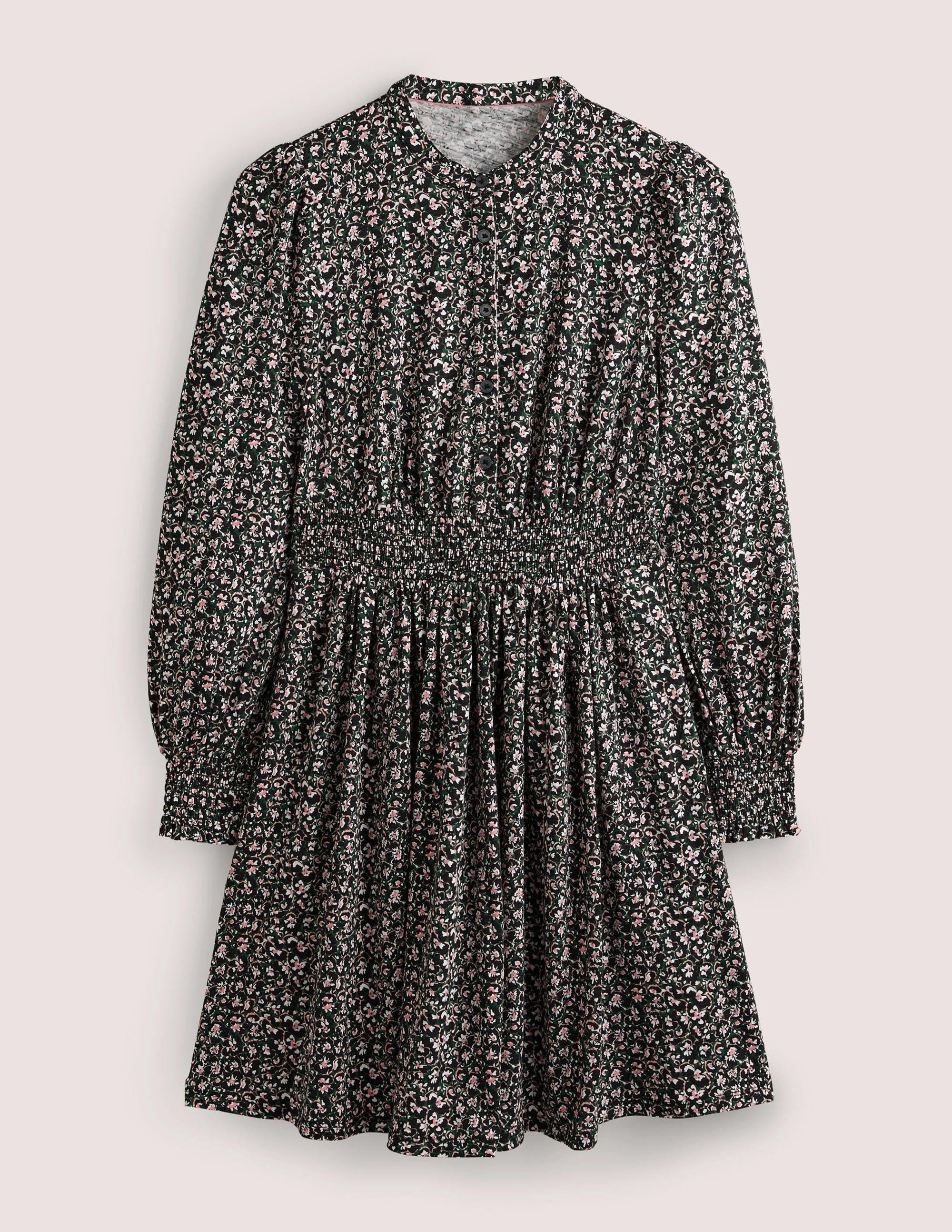 Smocked Jersey Shirt Dress-Hunter Green, Abstract Bud - Image 6