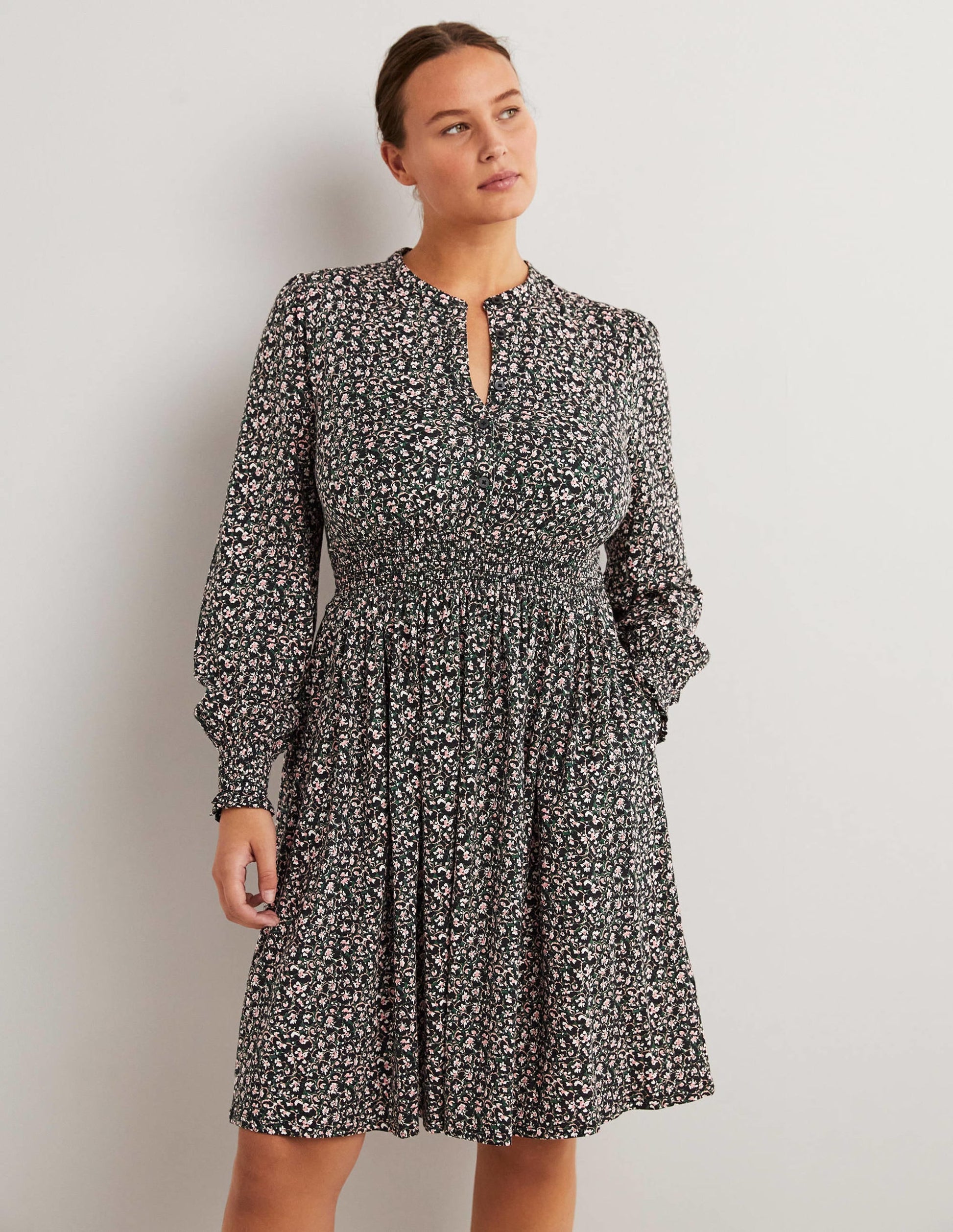 Smocked Jersey Shirt Dress-Hunter Green, Abstract Bud-1