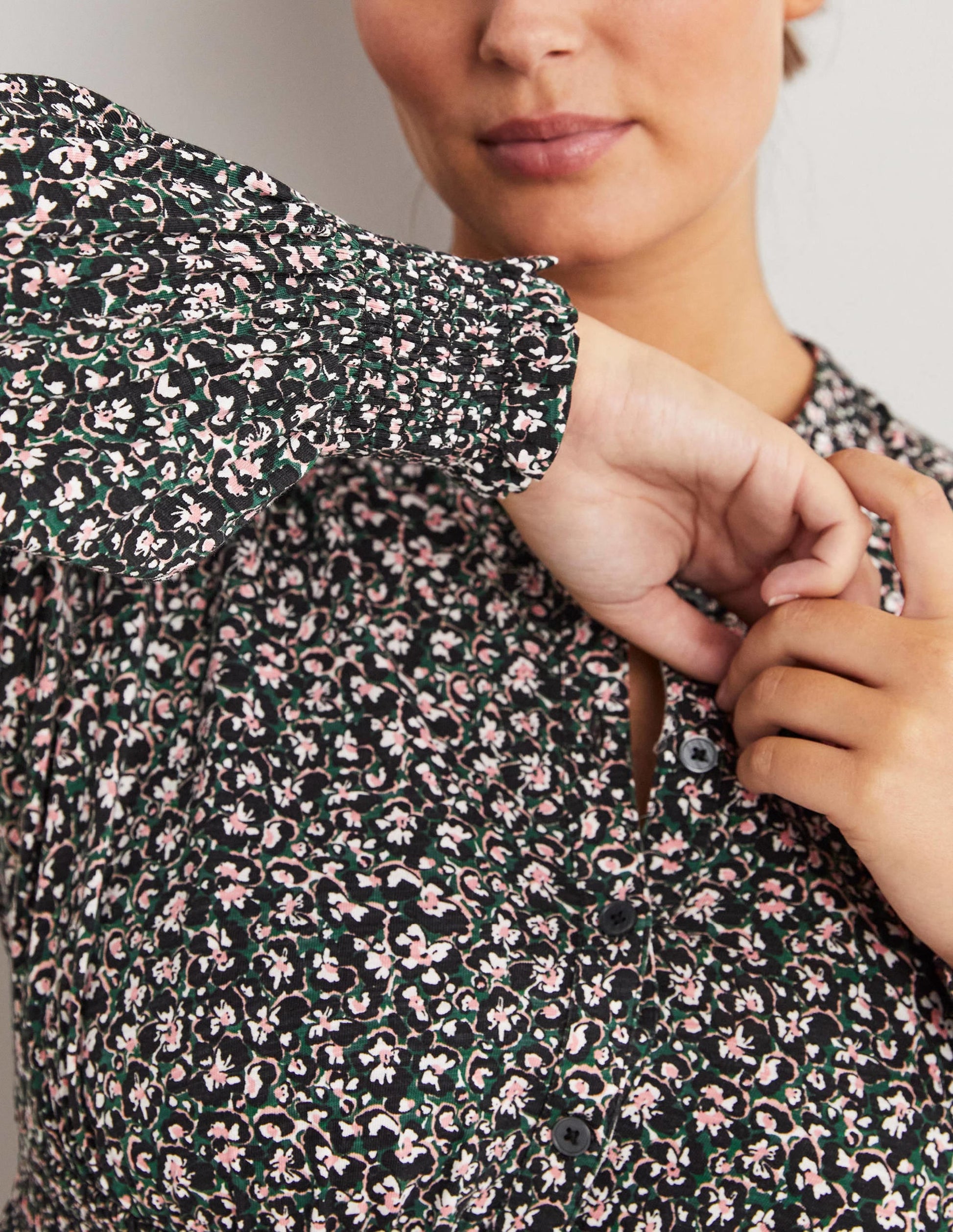 Smocked Jersey Shirt Dress-Hunter Green, Abstract Bud-2