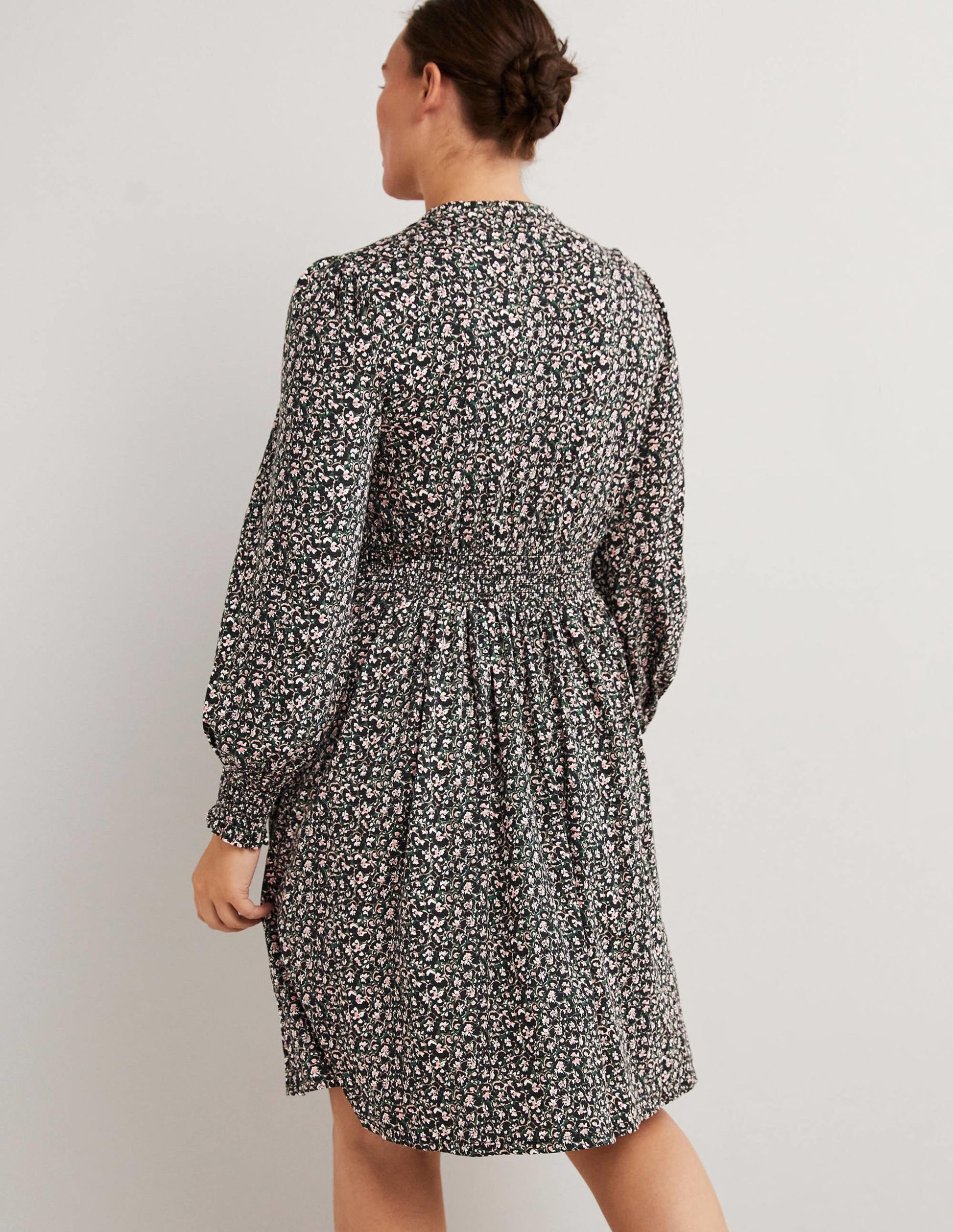 Smocked Jersey Shirt Dress-Hunter Green, Abstract Bud-3