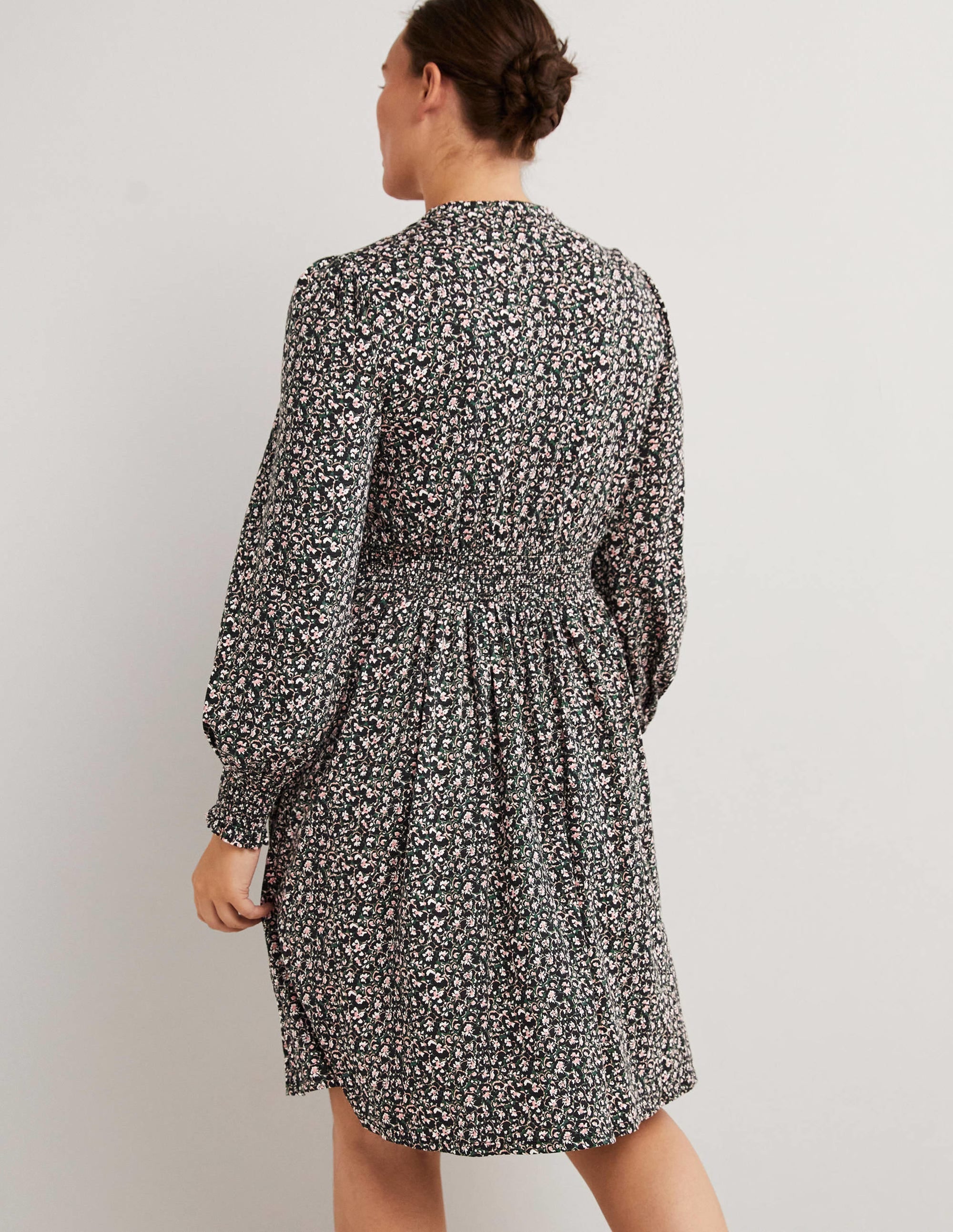 Smocked Jersey Shirt Dress-Hunter Green, Abstract Bud - Image 3
