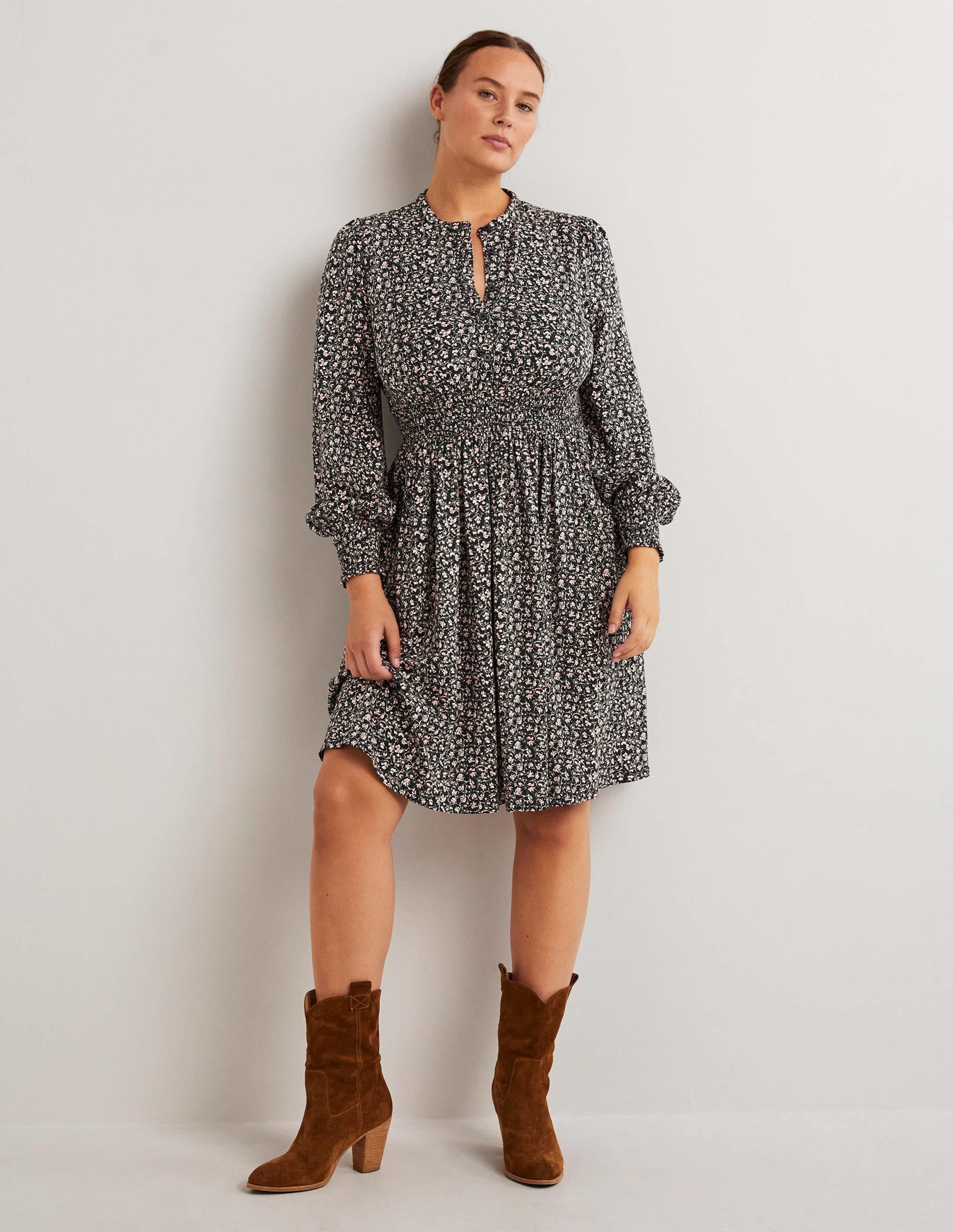 Smocked Jersey Shirt Dress-Hunter Green, Abstract Bud - Image 4