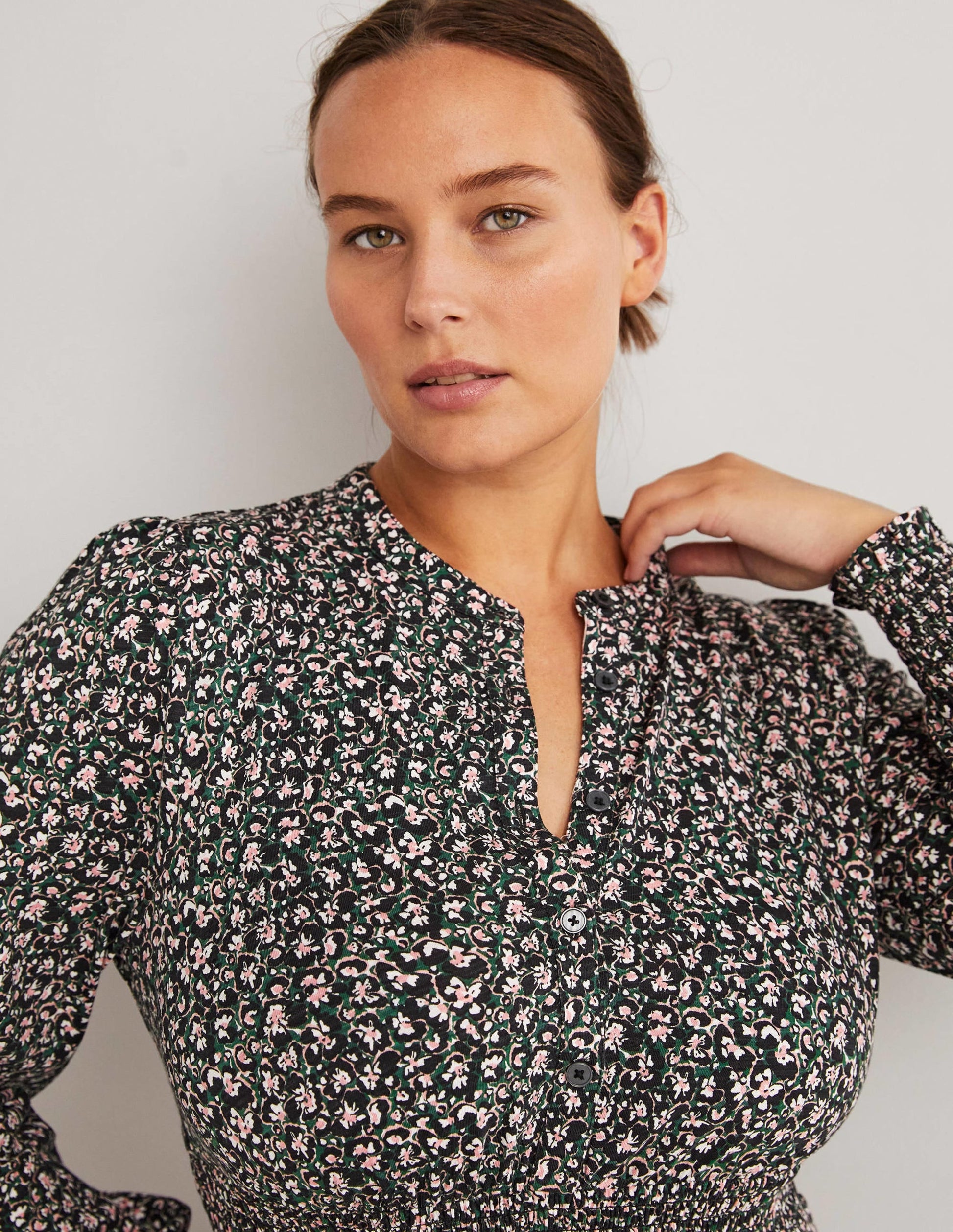 Smocked Jersey Shirt Dress-Hunter Green, Abstract Bud-5