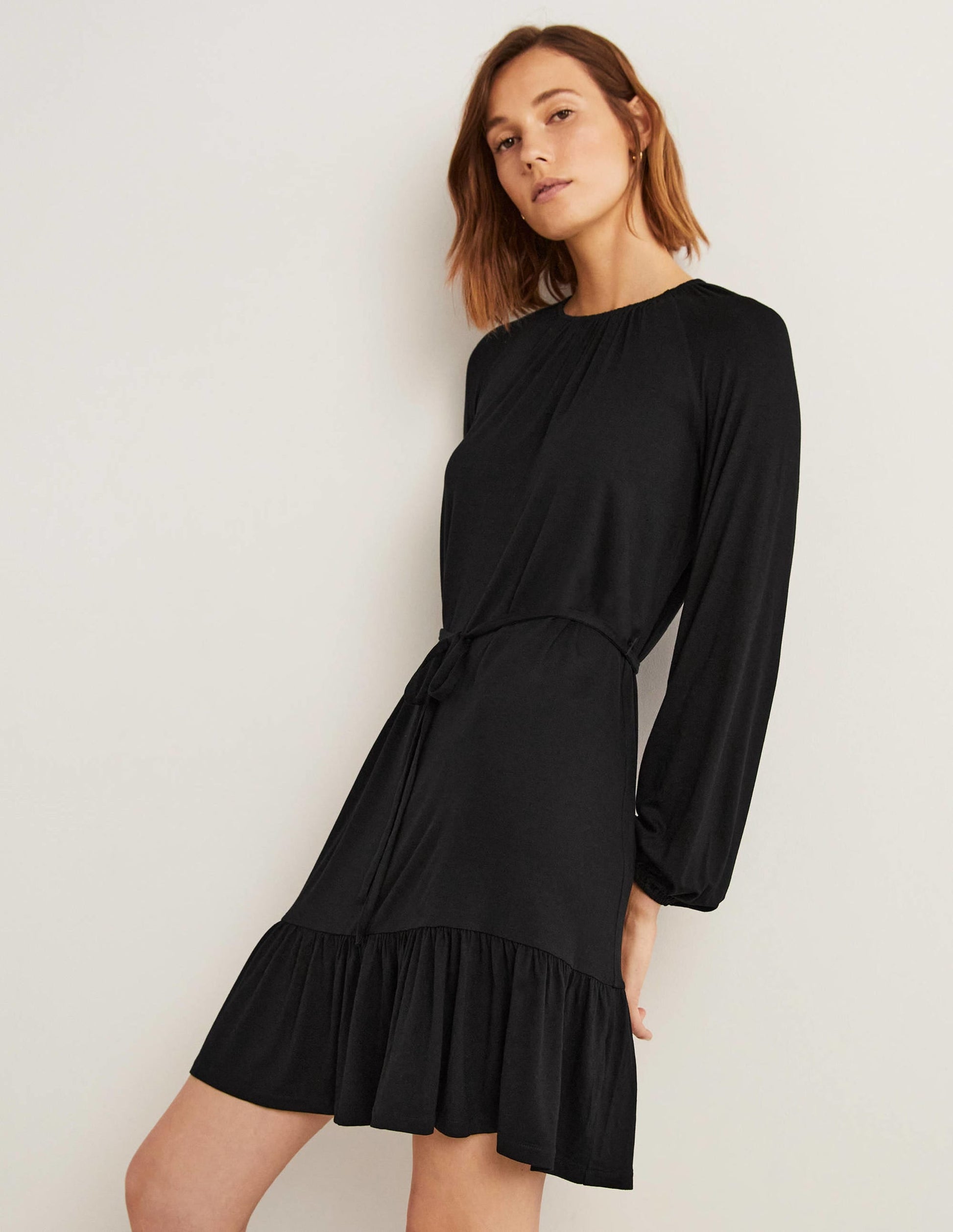 Crew Neck Jersey Mini Dress-Black-1