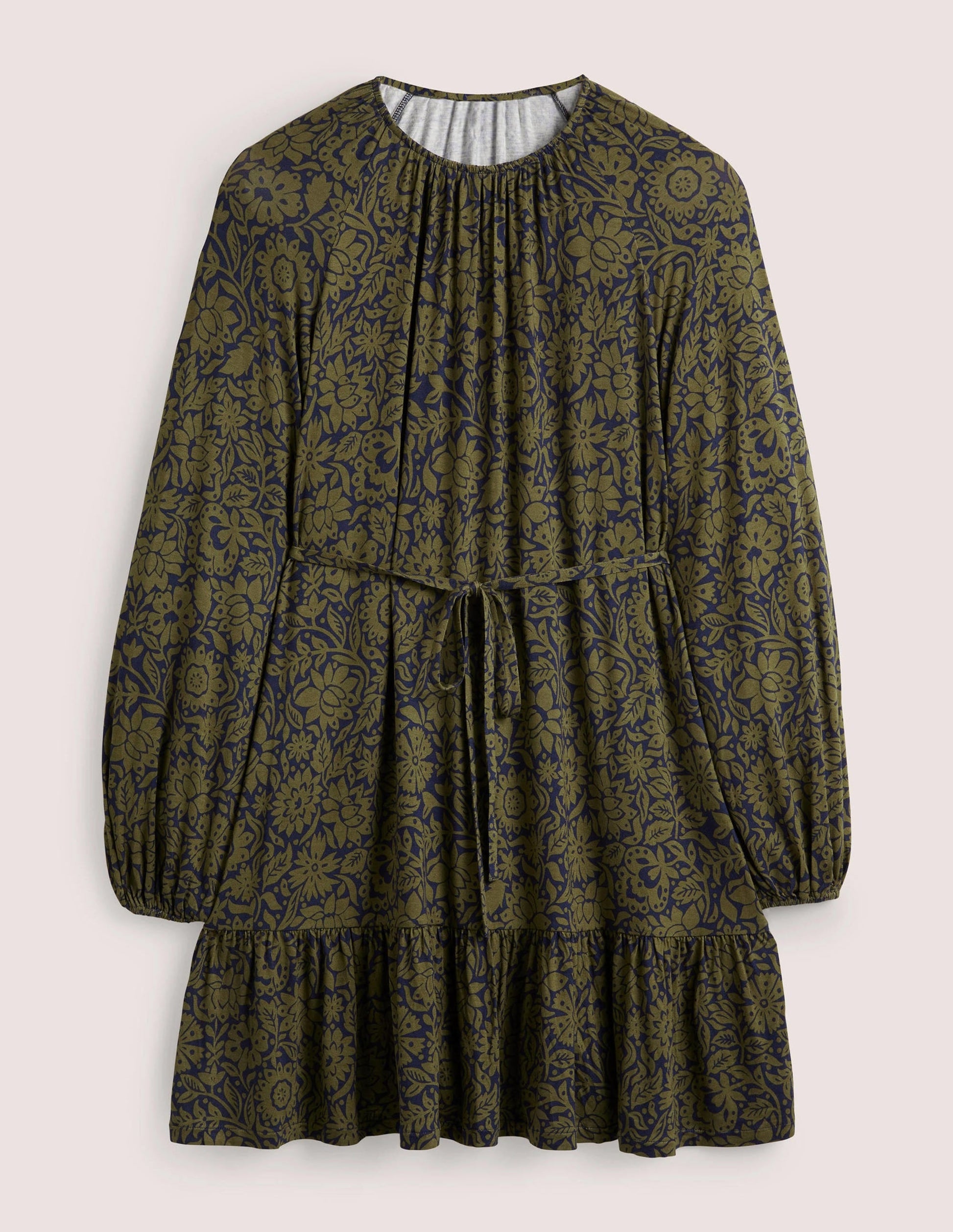 Crew Neck Jersey Mini Dress-Basil, Foliage Bloom-6