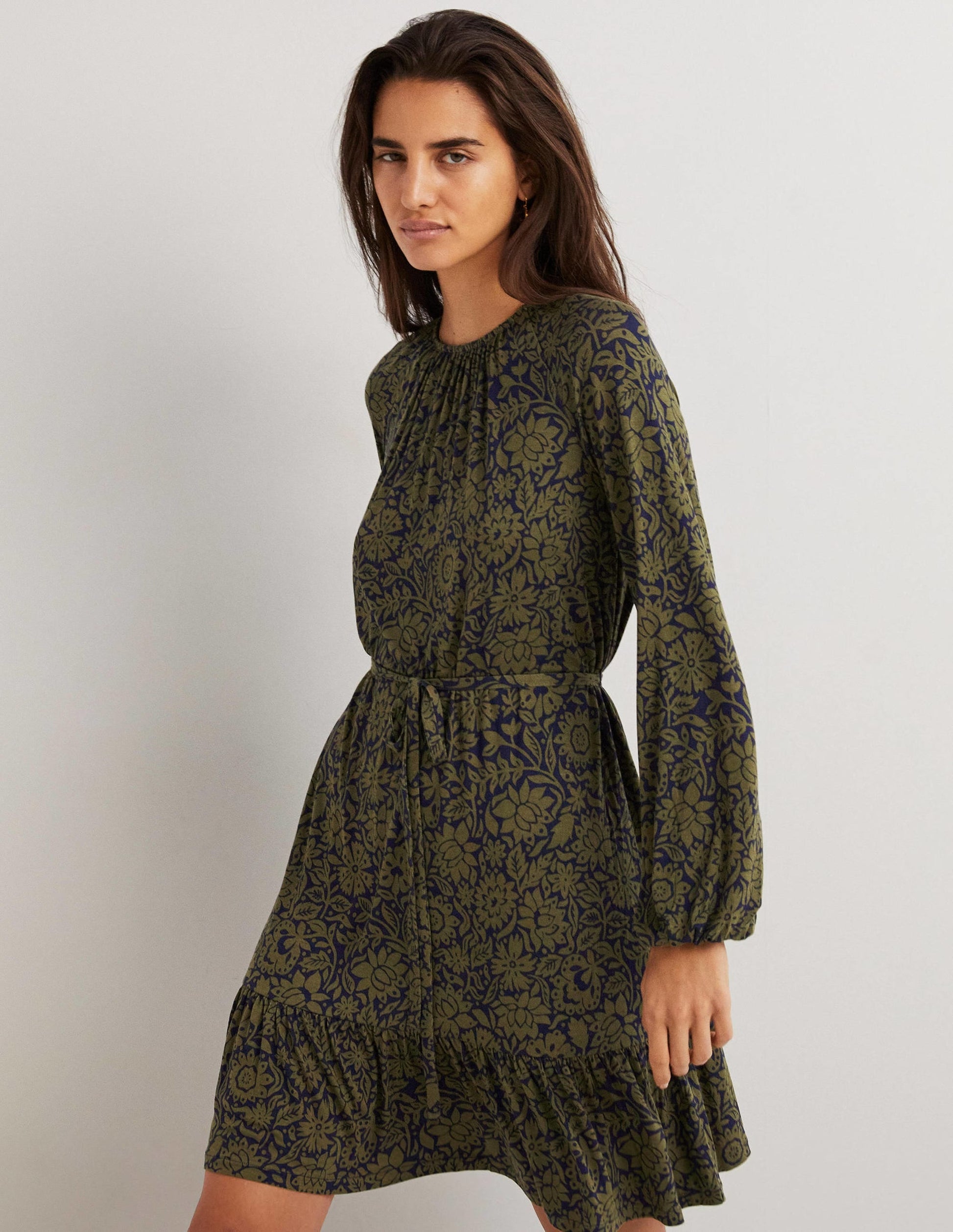 Crew Neck Jersey Mini Dress-Basil, Foliage Bloom-1