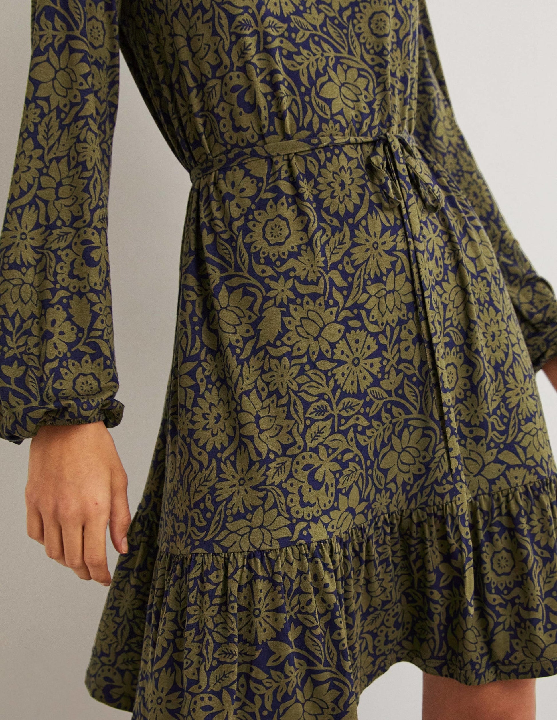 Crew Neck Jersey Mini Dress-Basil, Foliage Bloom-2