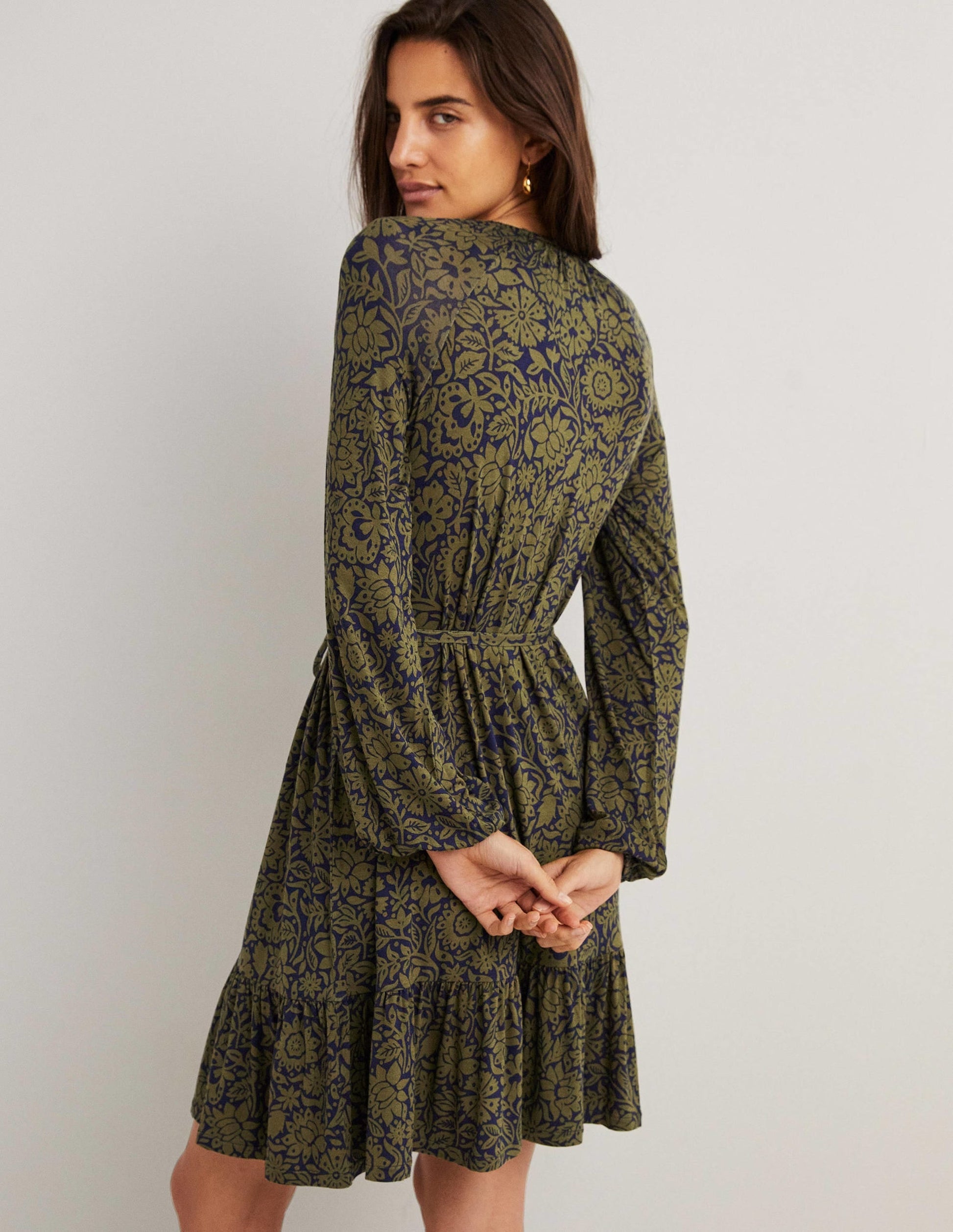 Crew Neck Jersey Mini Dress-Basil, Foliage Bloom-3