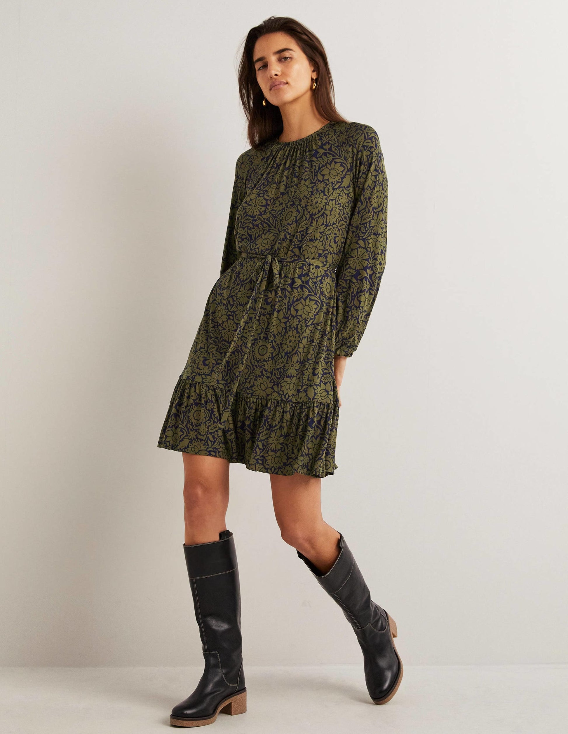 Crew Neck Jersey Mini Dress-Basil, Foliage Bloom-4