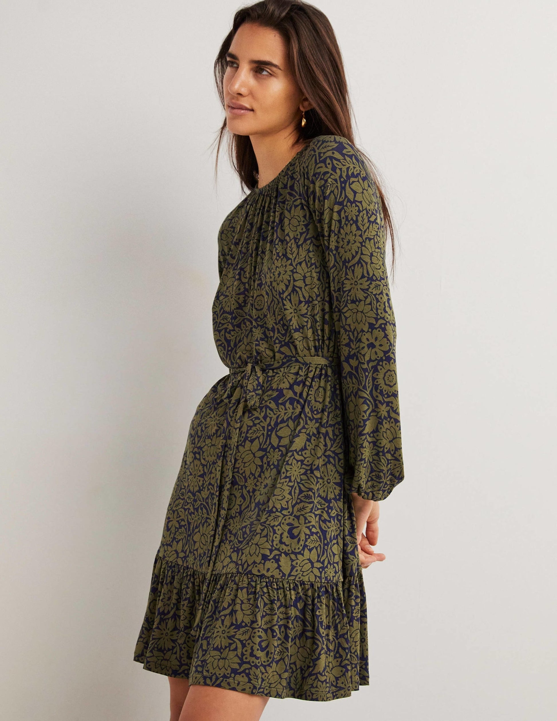 Crew Neck Jersey Mini Dress-Basil, Foliage Bloom-5