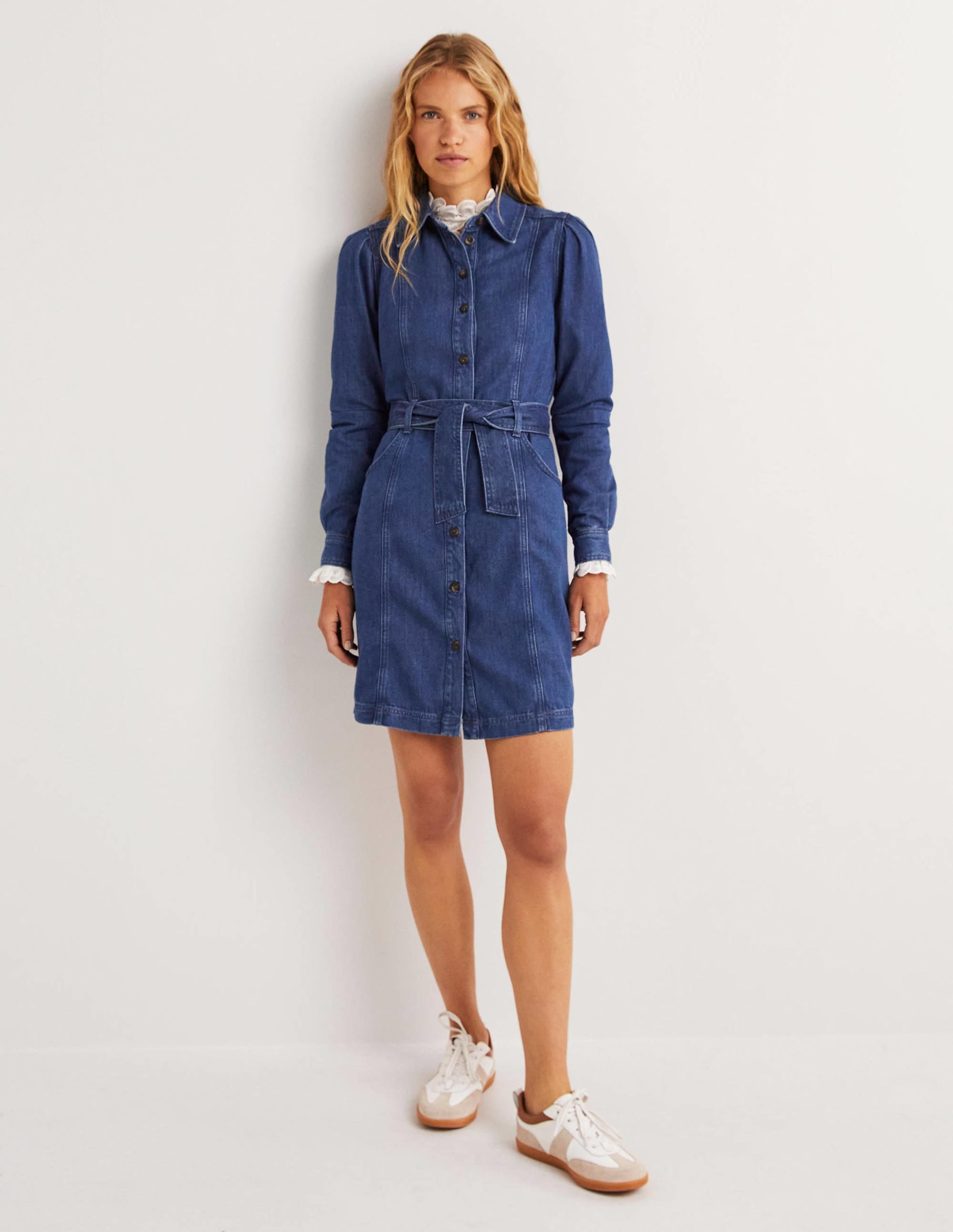 Puff Sleeve Denim Mini Dress-Mid Vintage - Image 1
