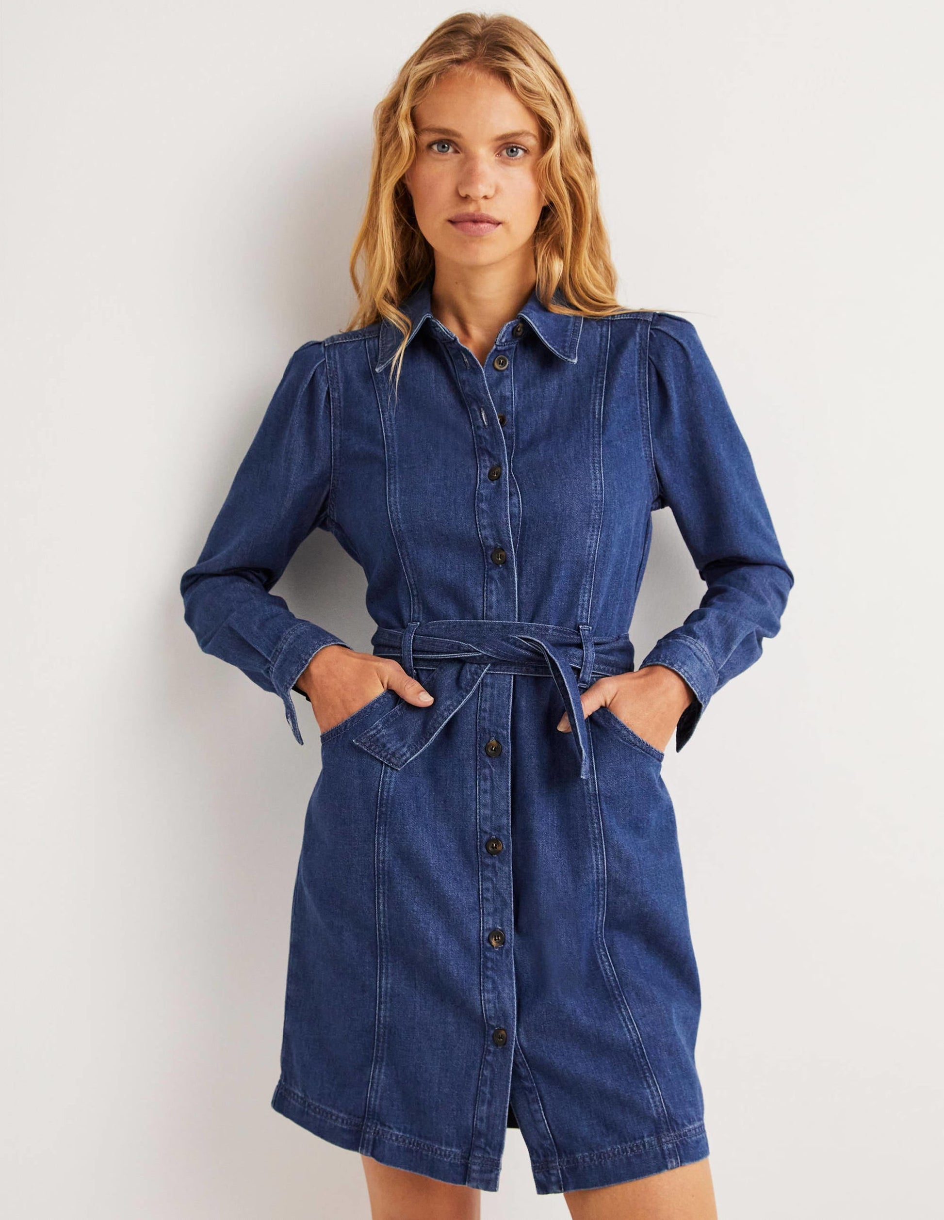 Puff Sleeve Denim Mini Dress-Mid Vintage-2