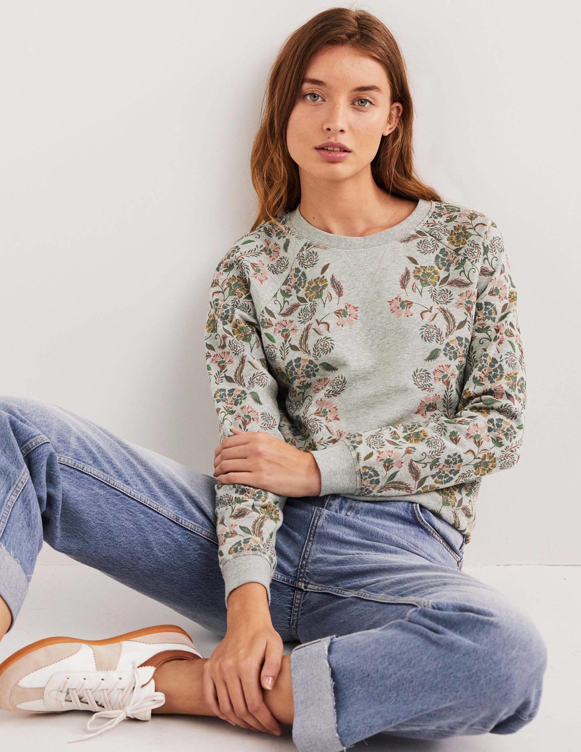 Printed Cotton Sweatshirt-Grey Marl, Blossom Pomme-1