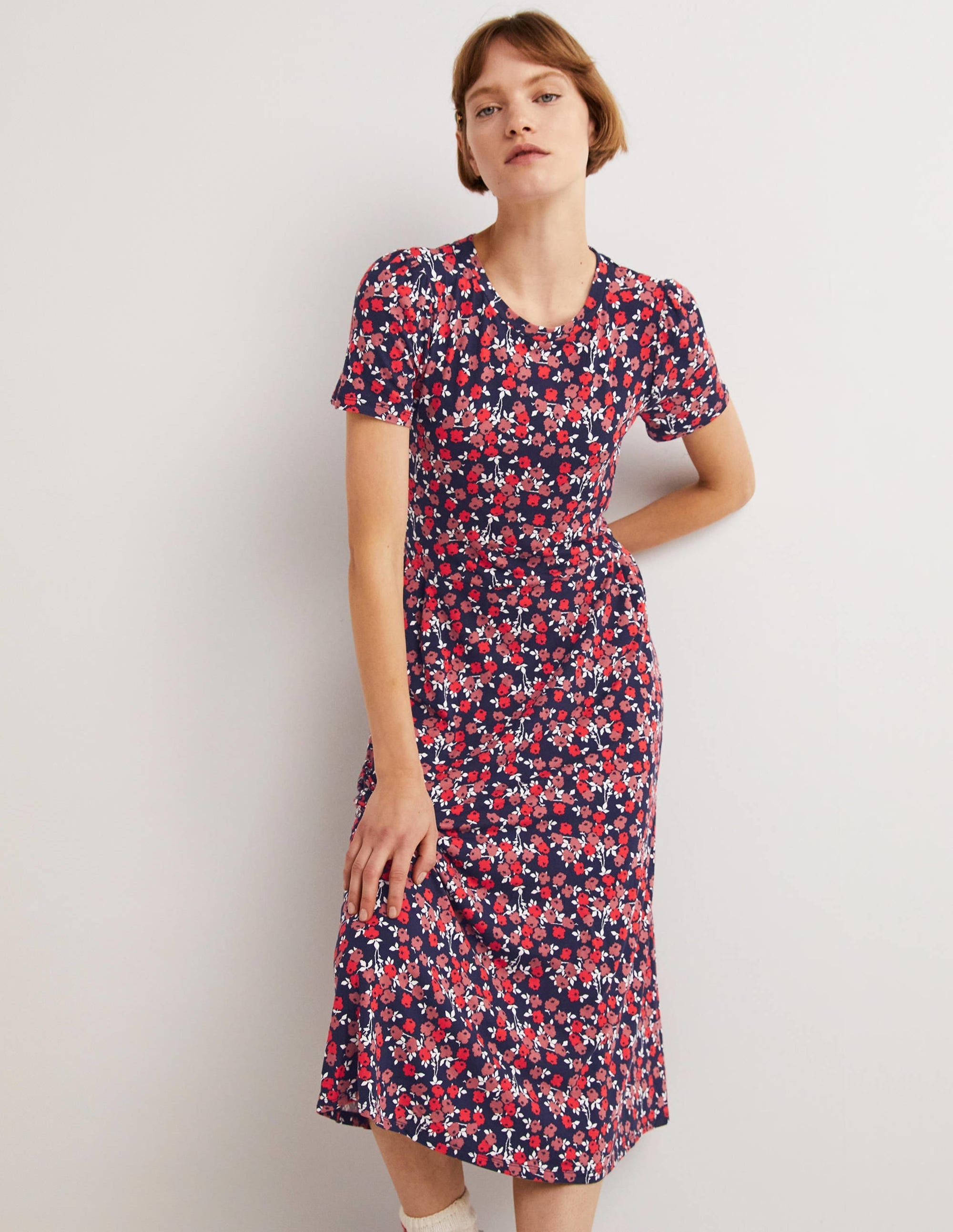 Lucinda Jersey Midi Dress-Cherry Red, Abstract Sprig - Image 1