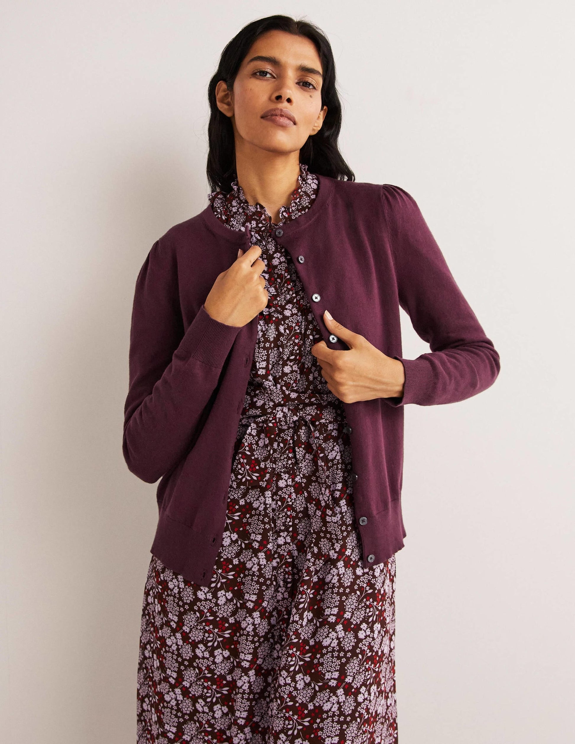 Cotton Crew Neck Cardigan-Berry-1