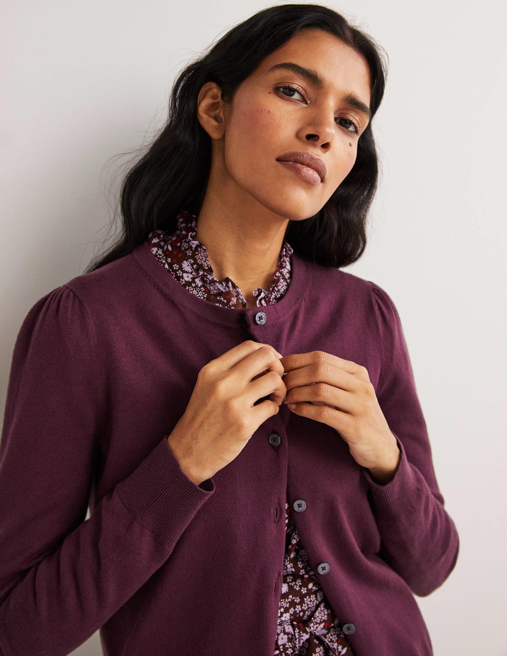 Cotton Crew Neck Cardigan-Berry-2