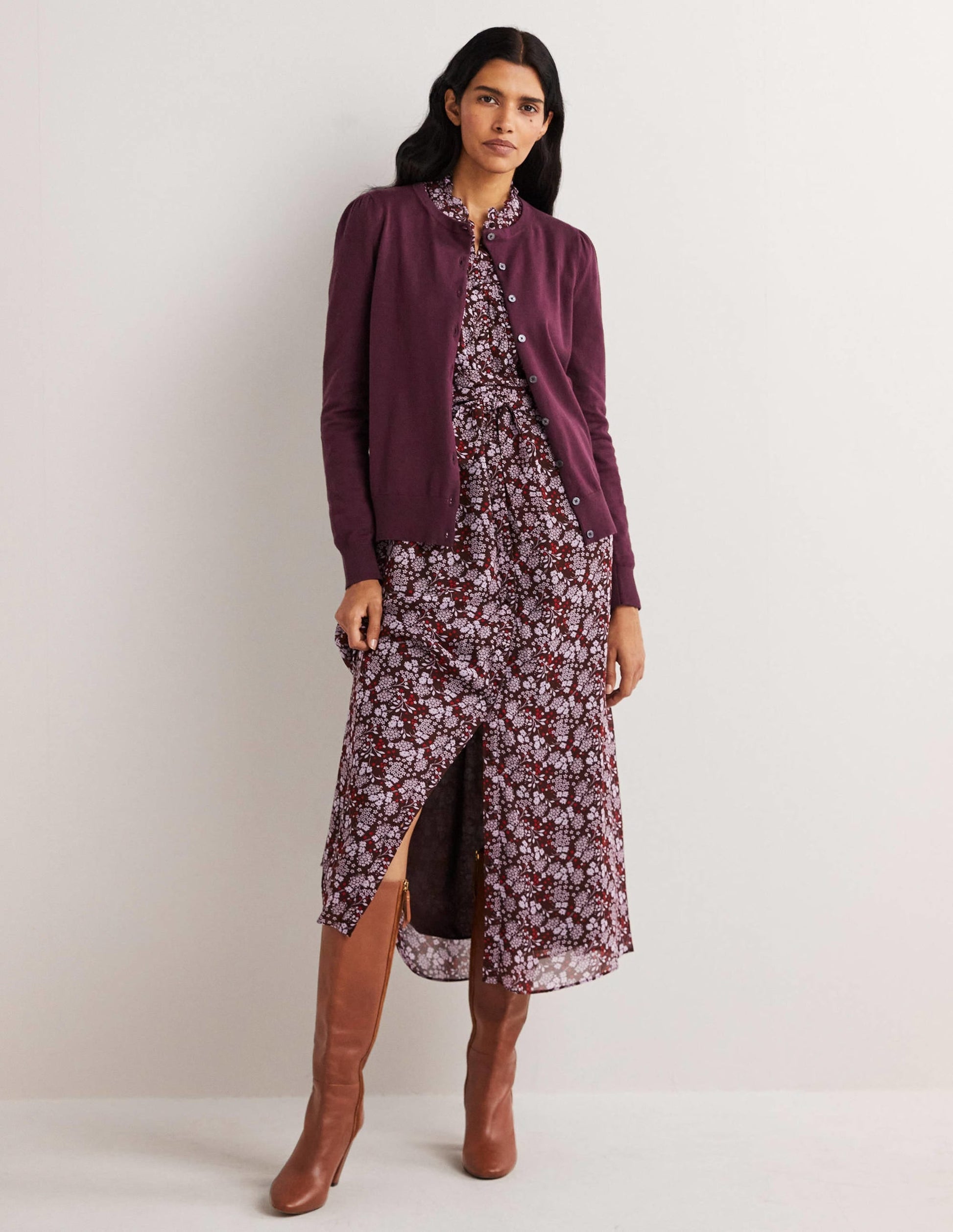 Cotton Crew Neck Cardigan-Berry-4