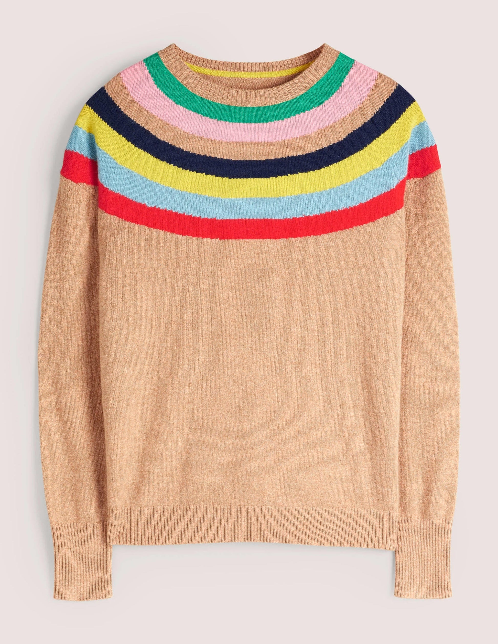 Margot Cashmere Jumper-Camel, Rainbow Neck Stripe-5