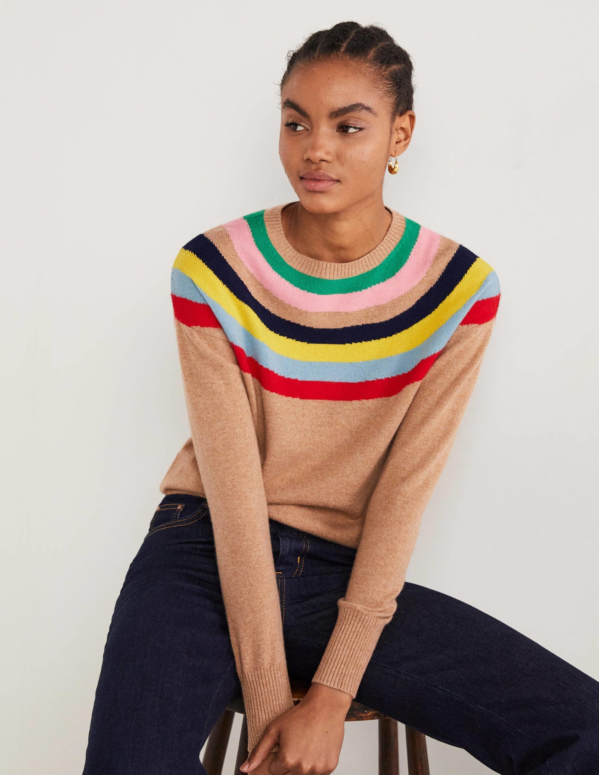 Margot Cashmere Jumper-Camel, Rainbow Neck Stripe-1