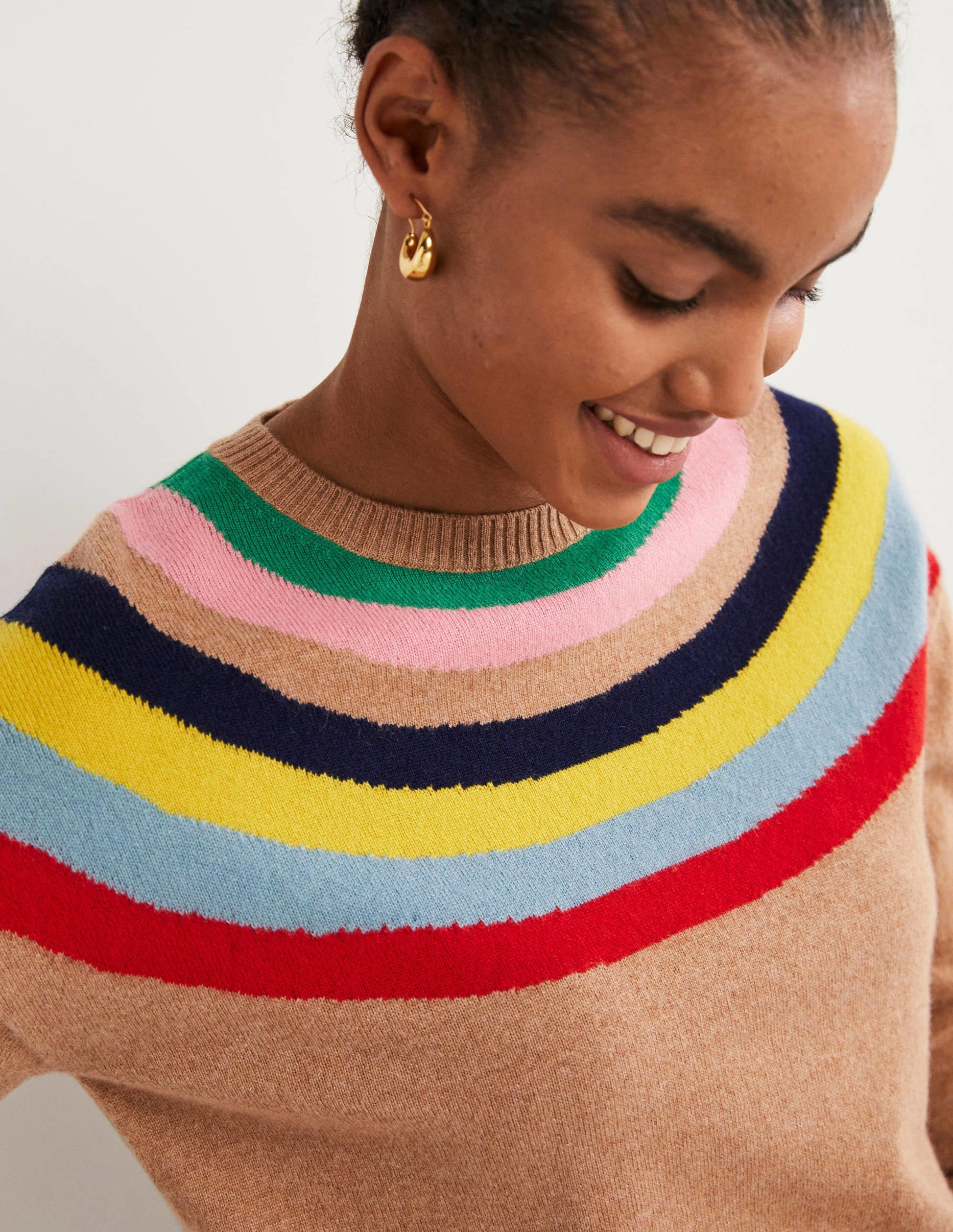 Margot Cashmere Jumper-Camel, Rainbow Neck Stripe-2